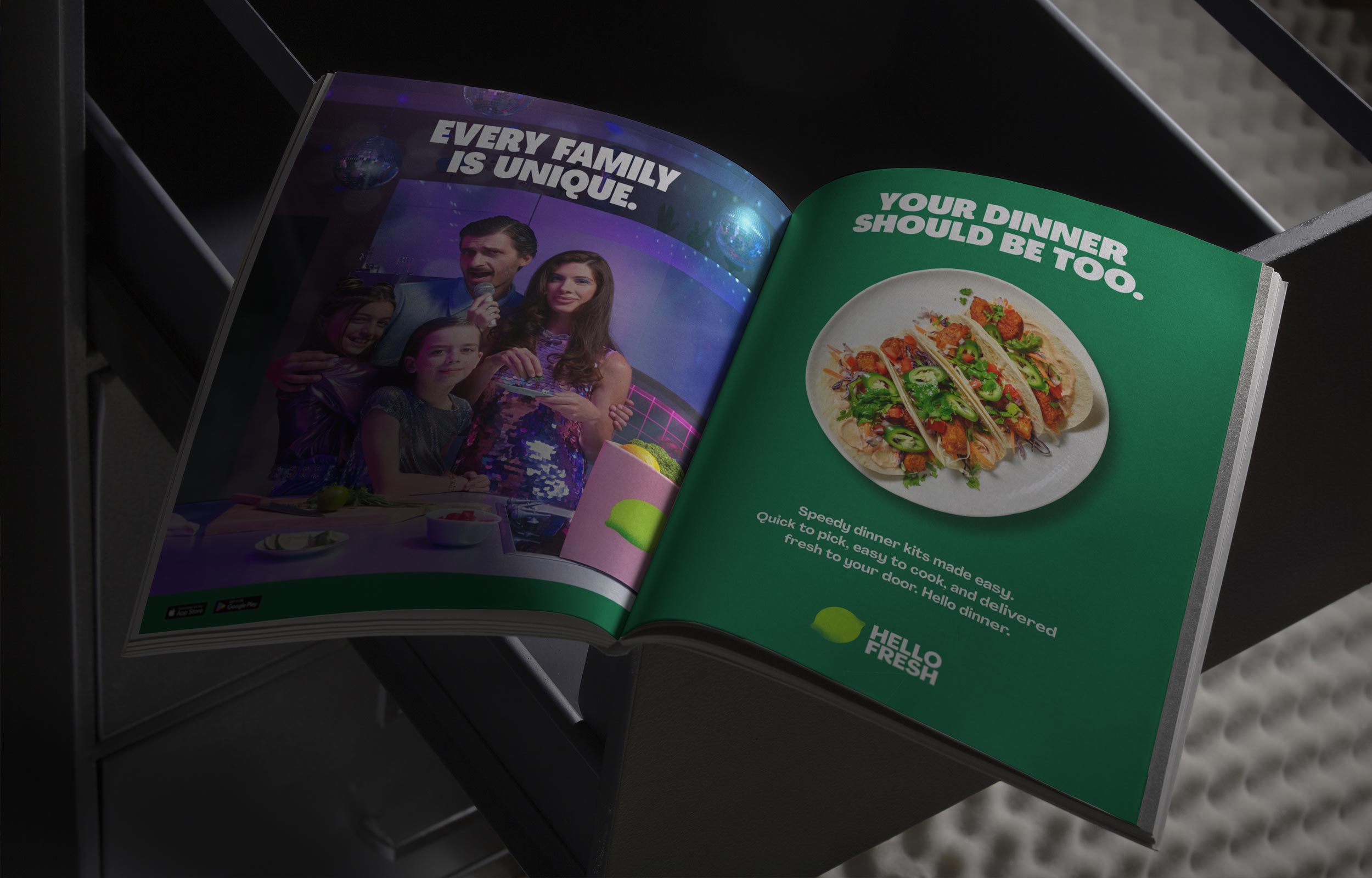Open HelloFresh campaign booklet showing purple and green dinner advertisements