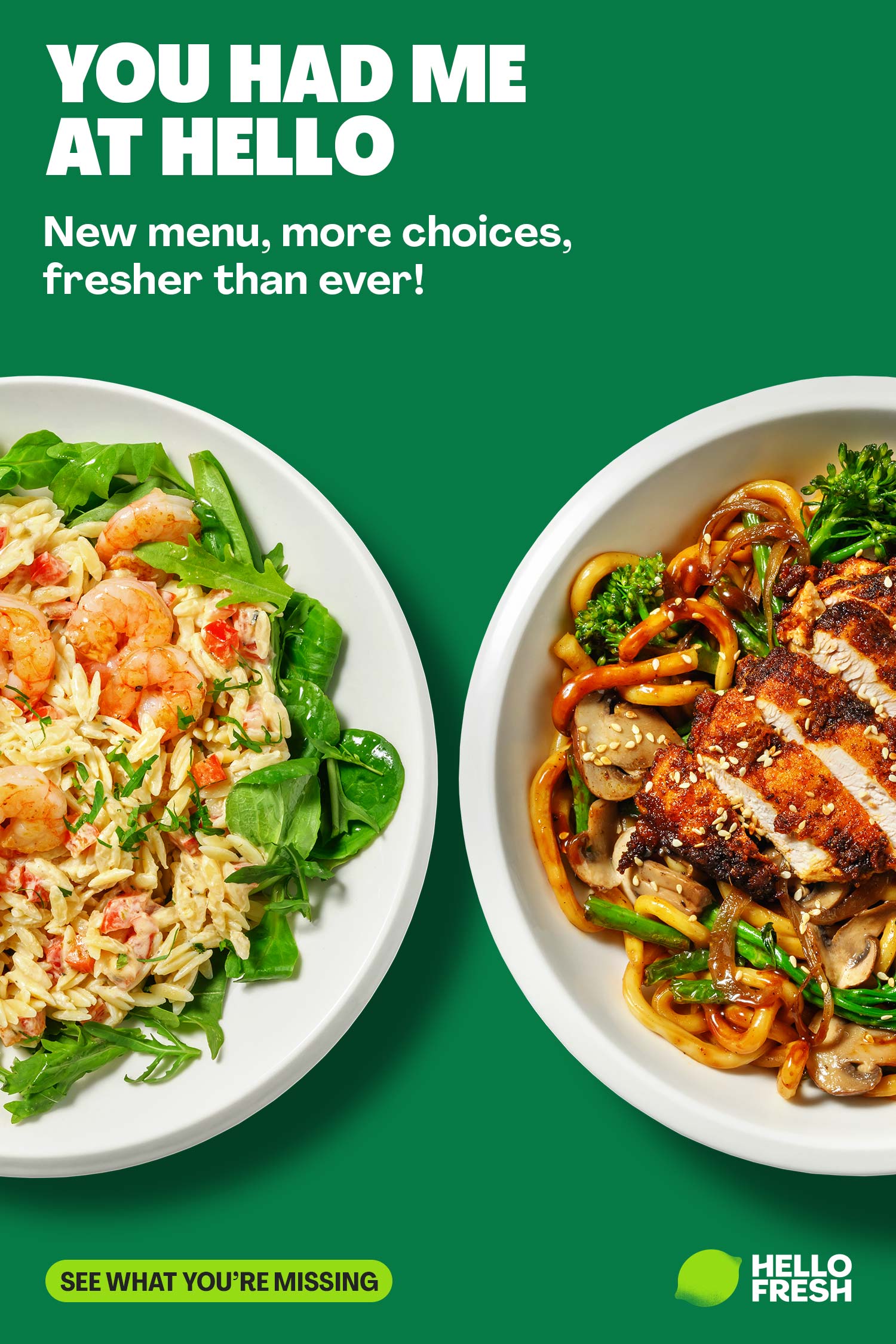 Two prepared dishes on a green HelloFresh poster reading You Had Me at Hello