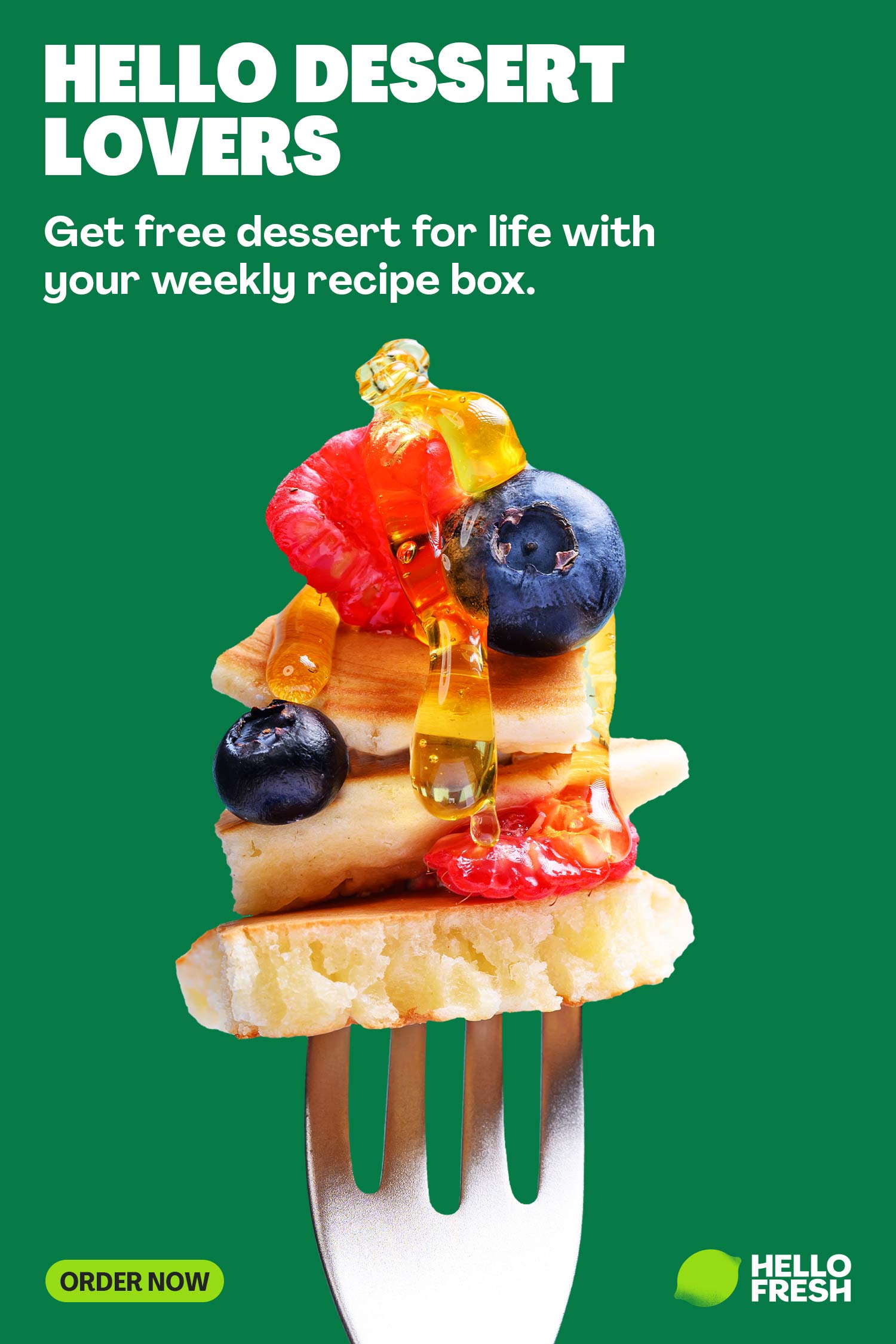 Stacked fruit dessert on a fork on a green HelloFresh dessert lovers poster