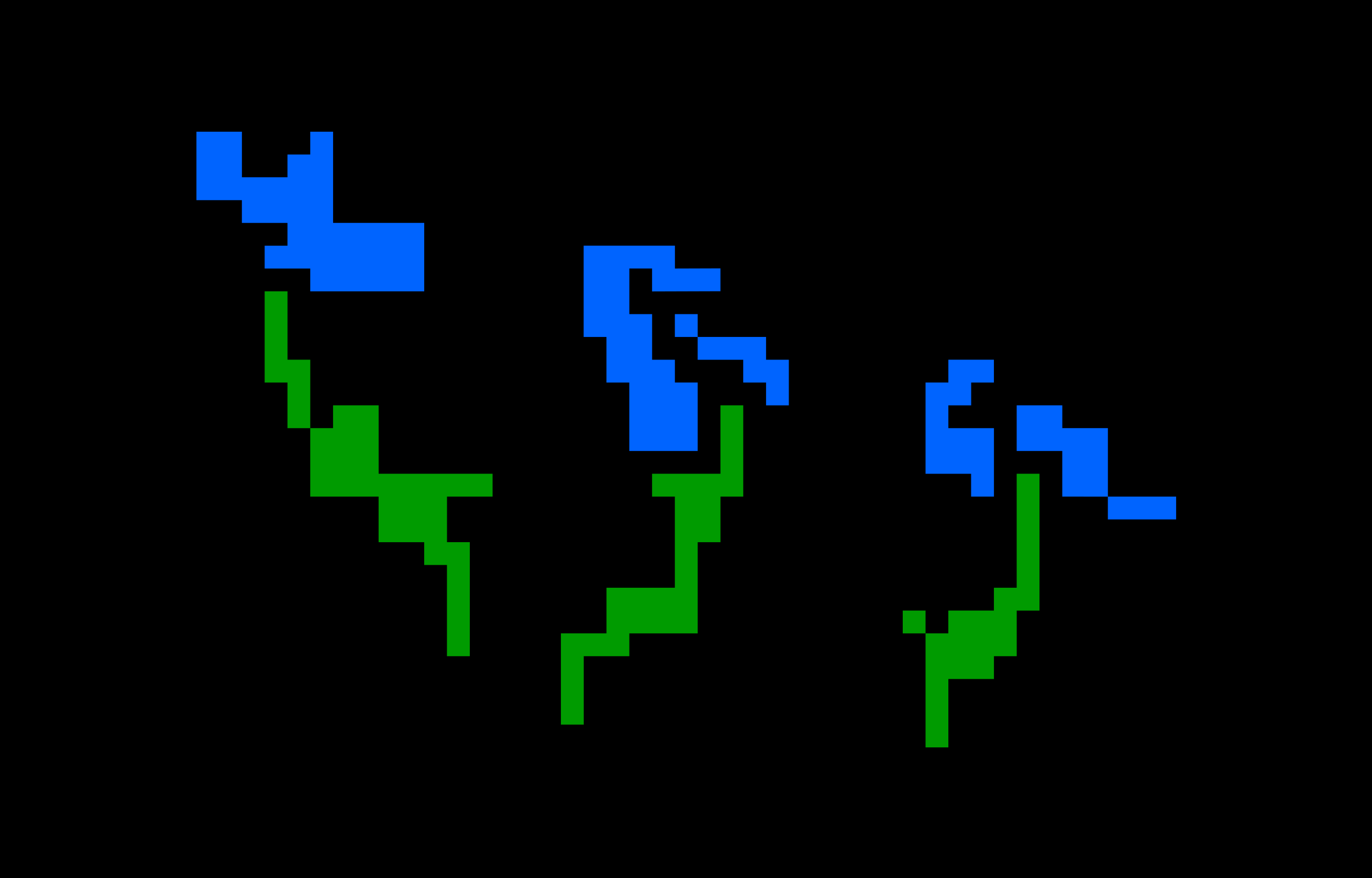 Pixel-style blue birds and green plant-like shapes on black