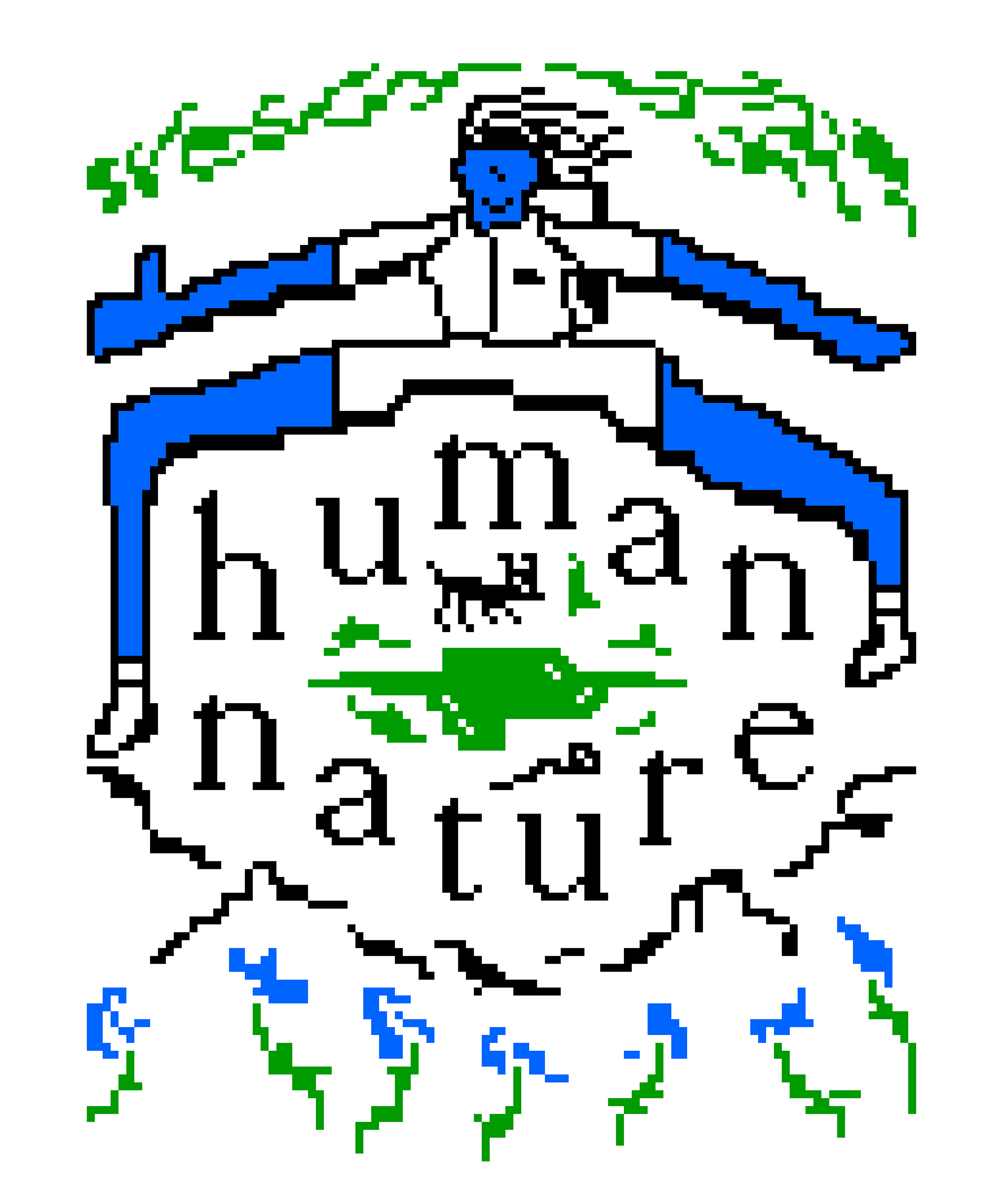 Graphic design of a white blanket with blue, green and black Human Nature lettering
