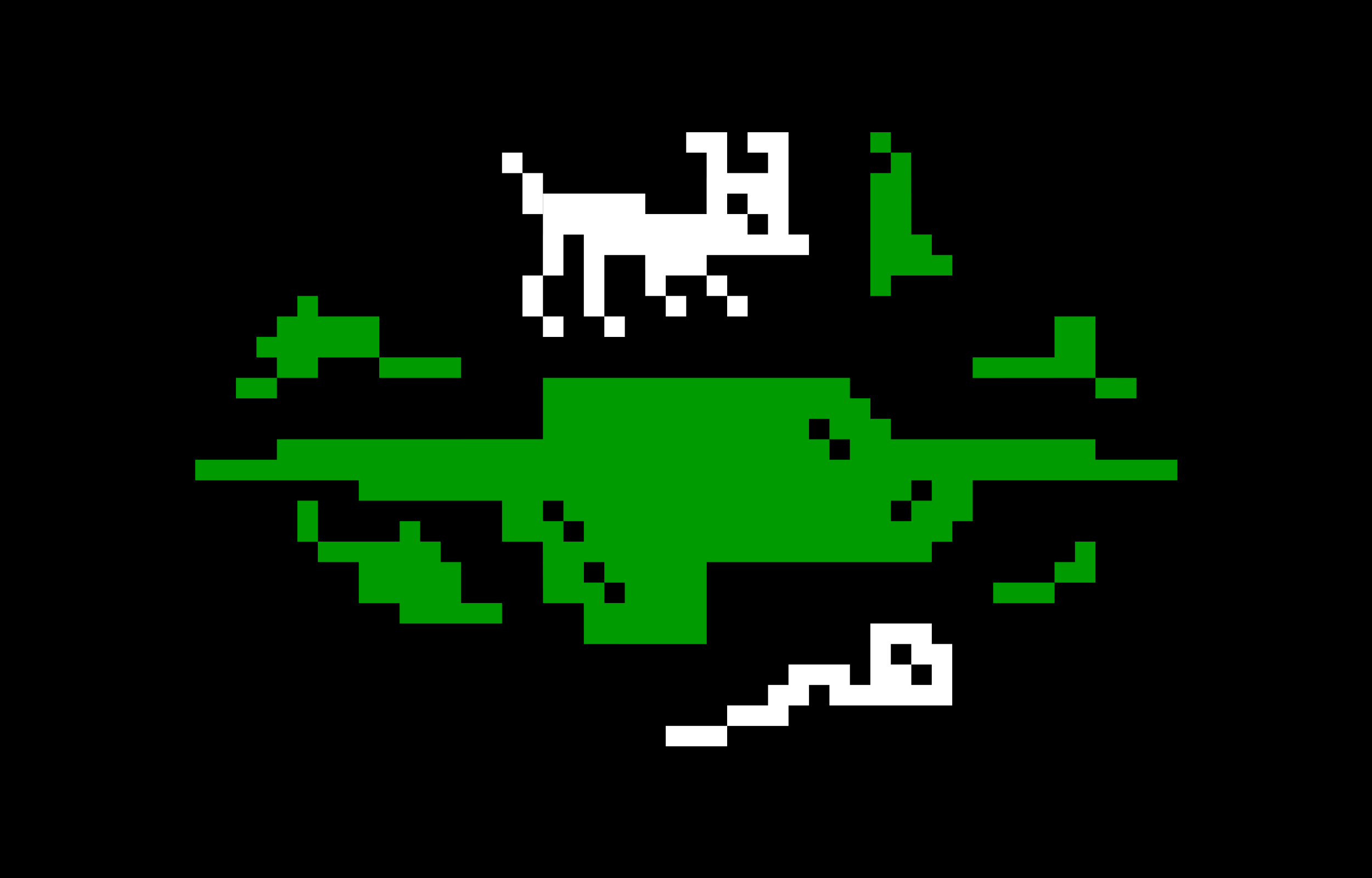 Pixel-style white animal silhouette above green layered landscape shapes on black