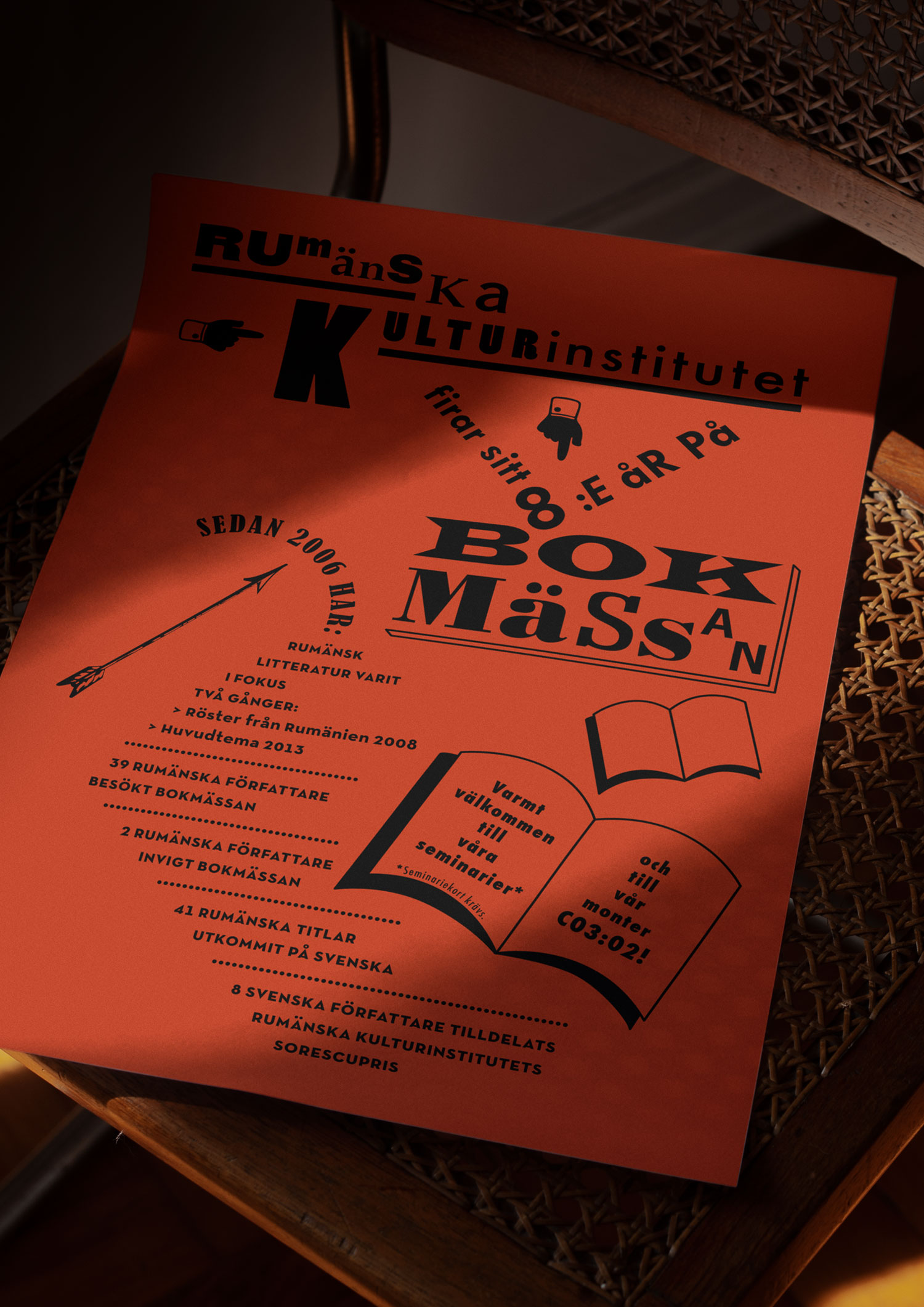 Close-up of an orange Ryska Kulturinstitutet book fair poster