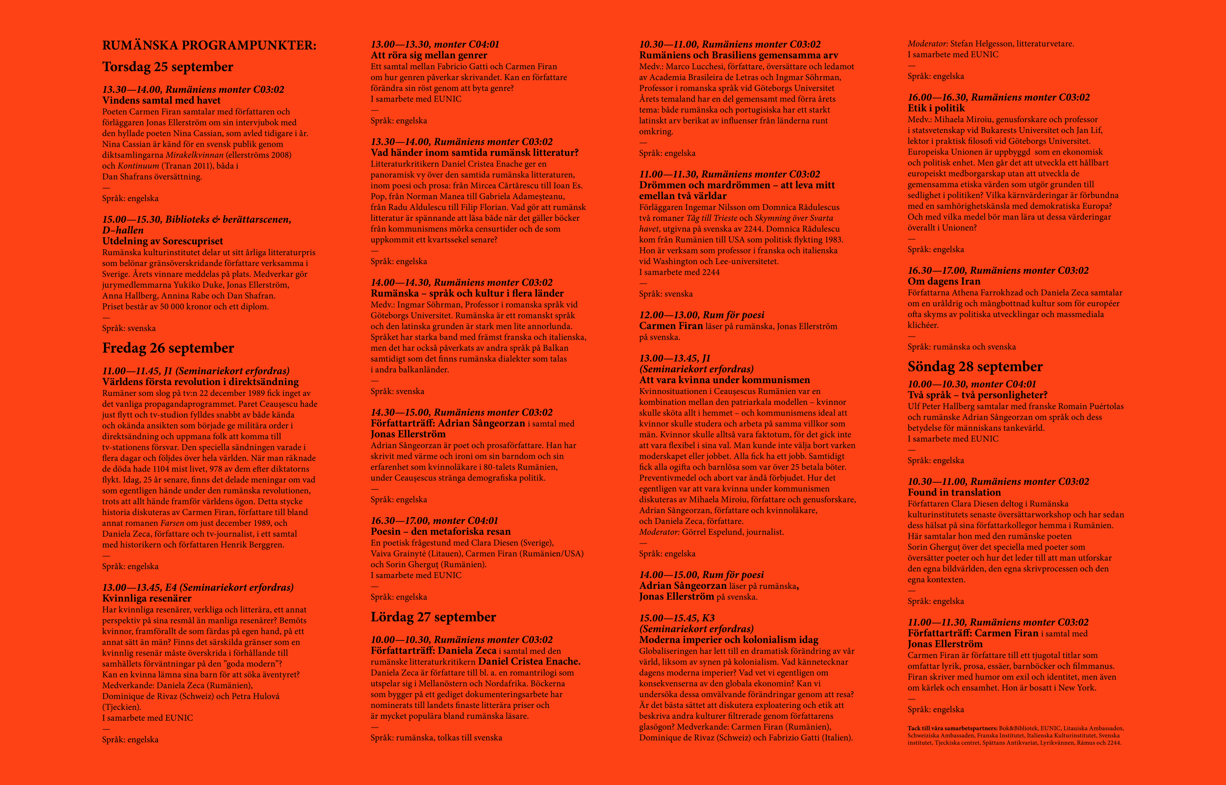 Rows of small black programme text on a bright orange page