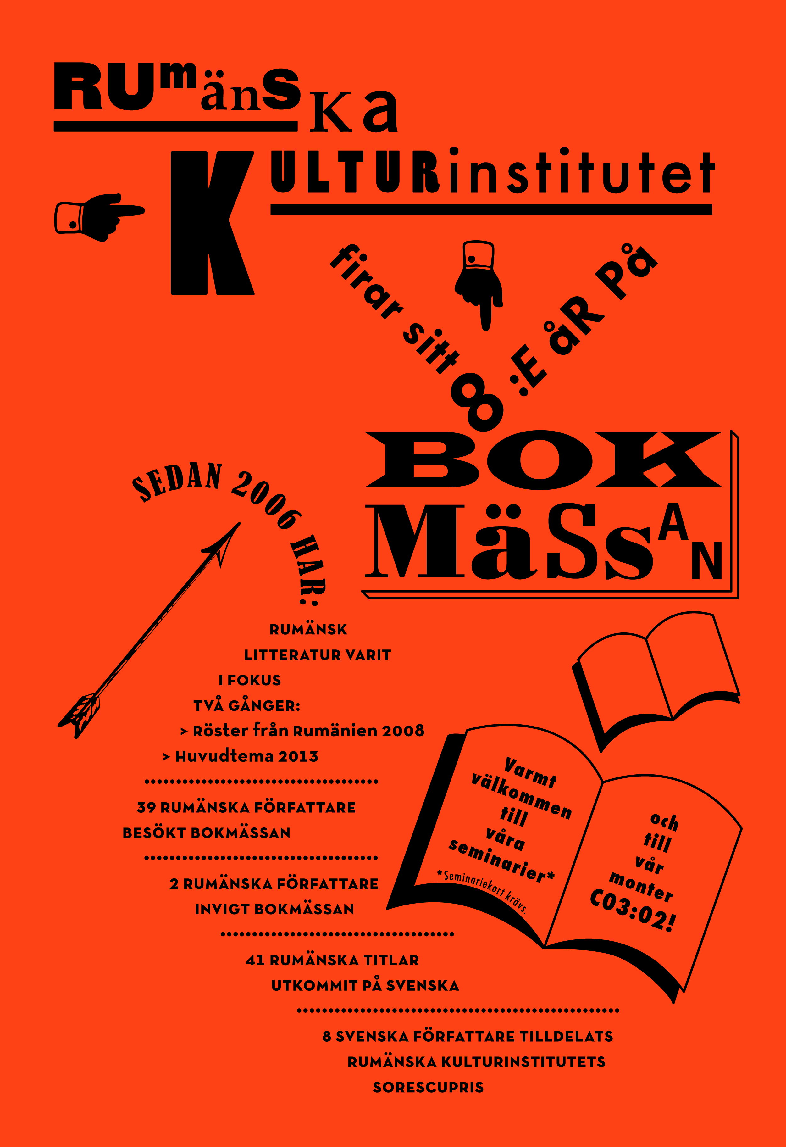 Orange Ryska Kulturinstitutet book fair poster with black Swedish typography and open-book icon
