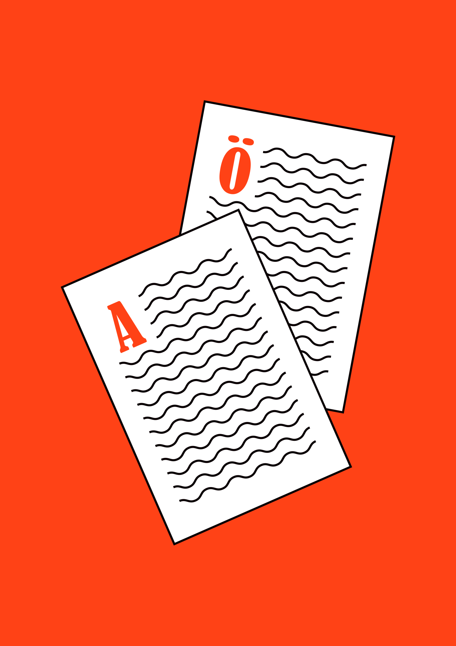 Two white illustrated pages with wavy text lines on a bright orange field