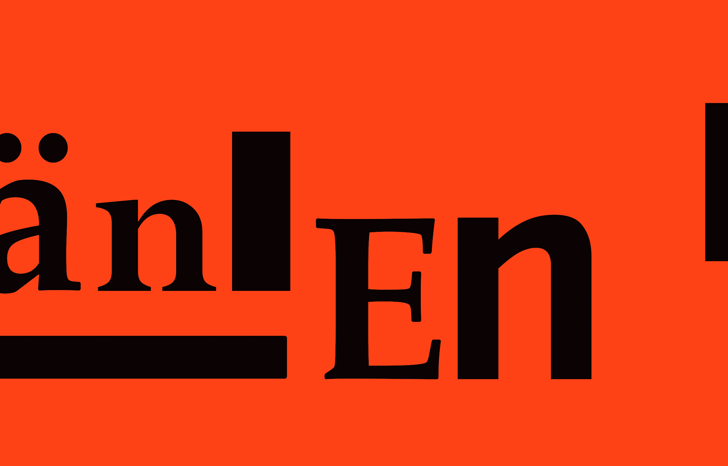 Oversized black Swedish word fragment on a bright orange field