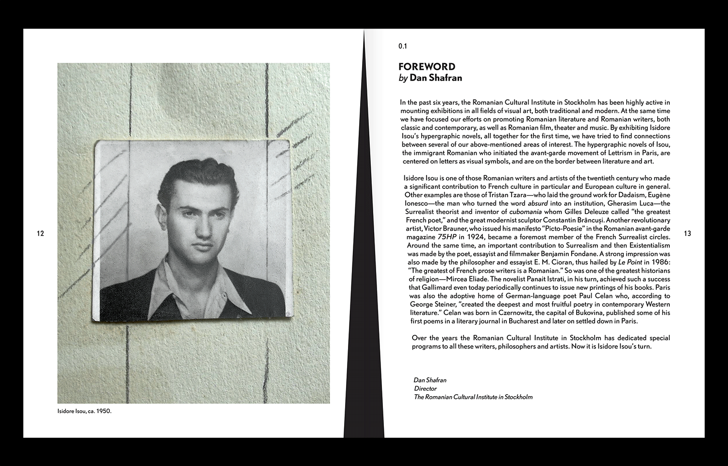 Open book spread with a black-and-white portrait and dense biographical text