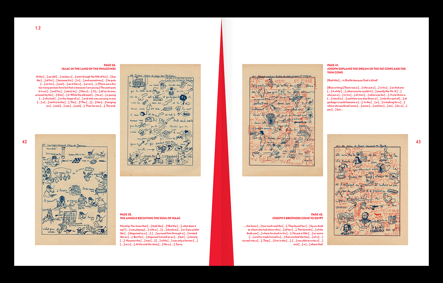 Open book spread with three vintage illustrated pages and red editorial text