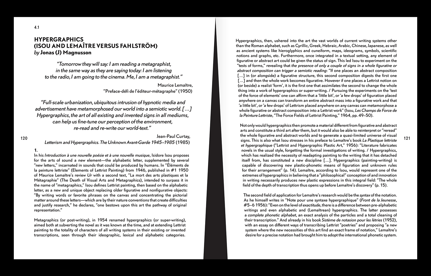 Open book spread with dense black essay text and a narrow black graphic divider