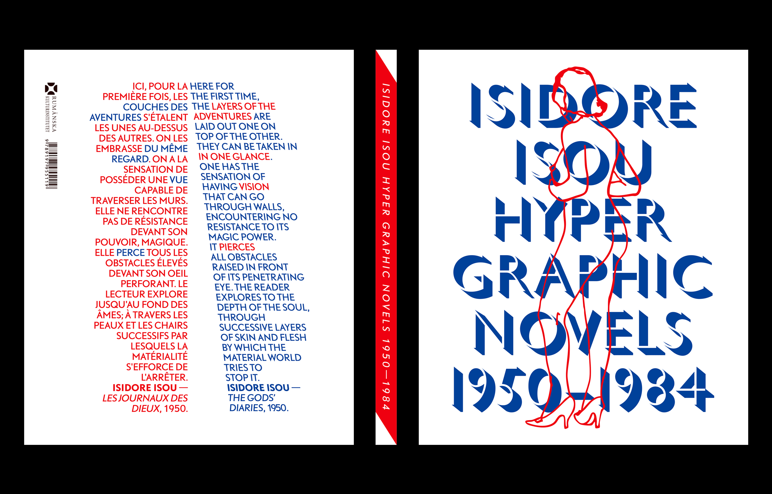 Book cover and back cover with blue title lettering and red-and-blue text blocks