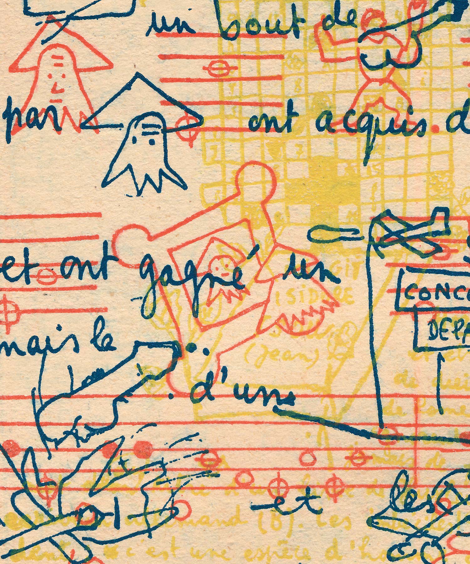 Close-up of a handwritten manuscript page with red, green and blue drawn marks