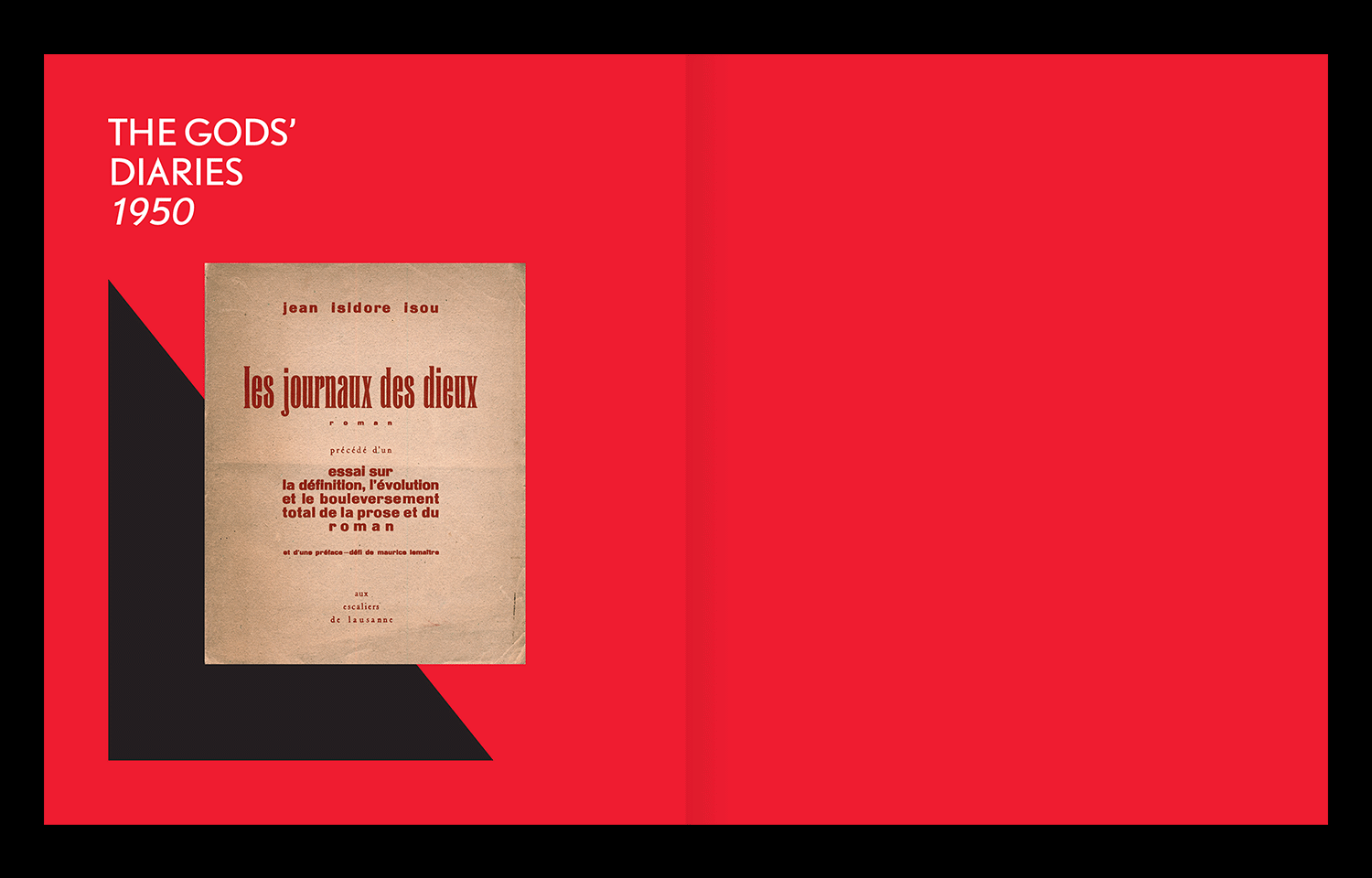 Red chapter divider page with a small vintage book cover and black angular frame