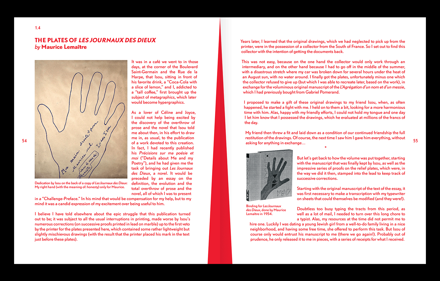 Open book spread with a hand drawing, red text and black-and-white illustration