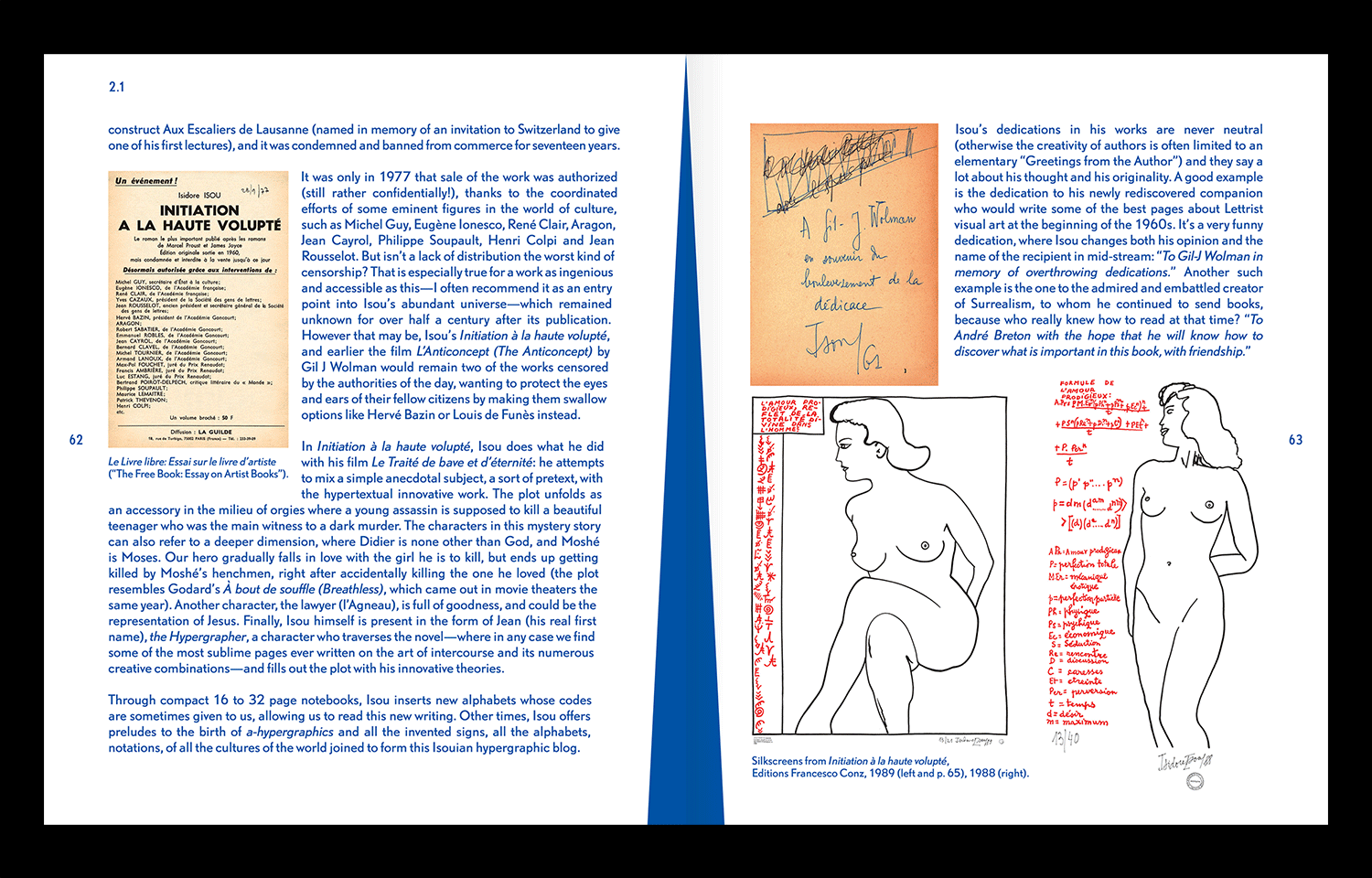Open book spread with blue text, archival pages and red line drawings of figures