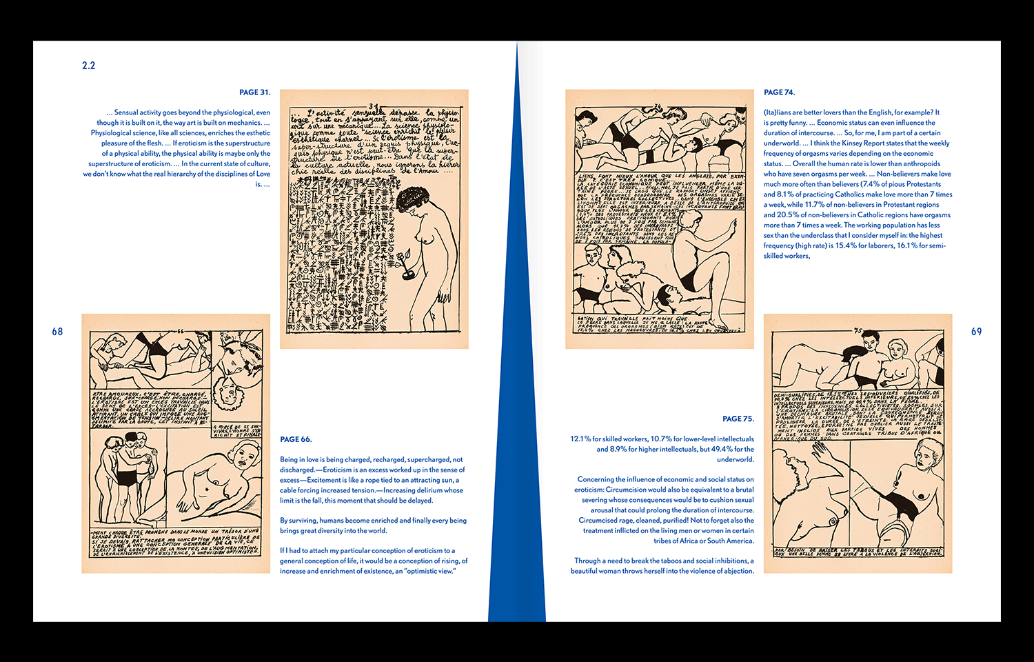 Open book spread with vintage comic-like drawings and blue editorial text
