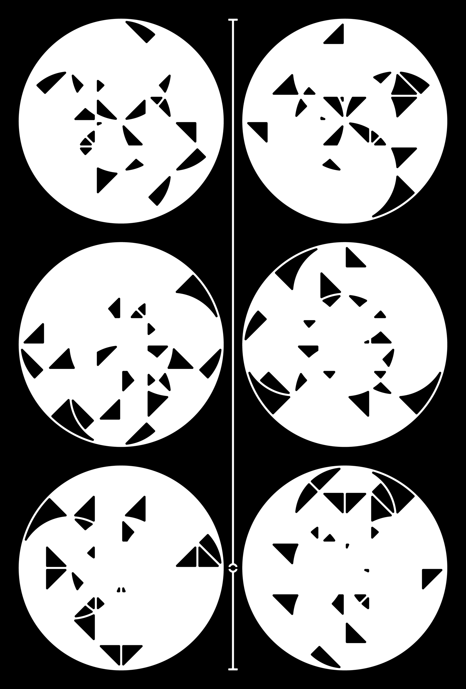 Six white circles filled with black triangular fragments in a black grid
