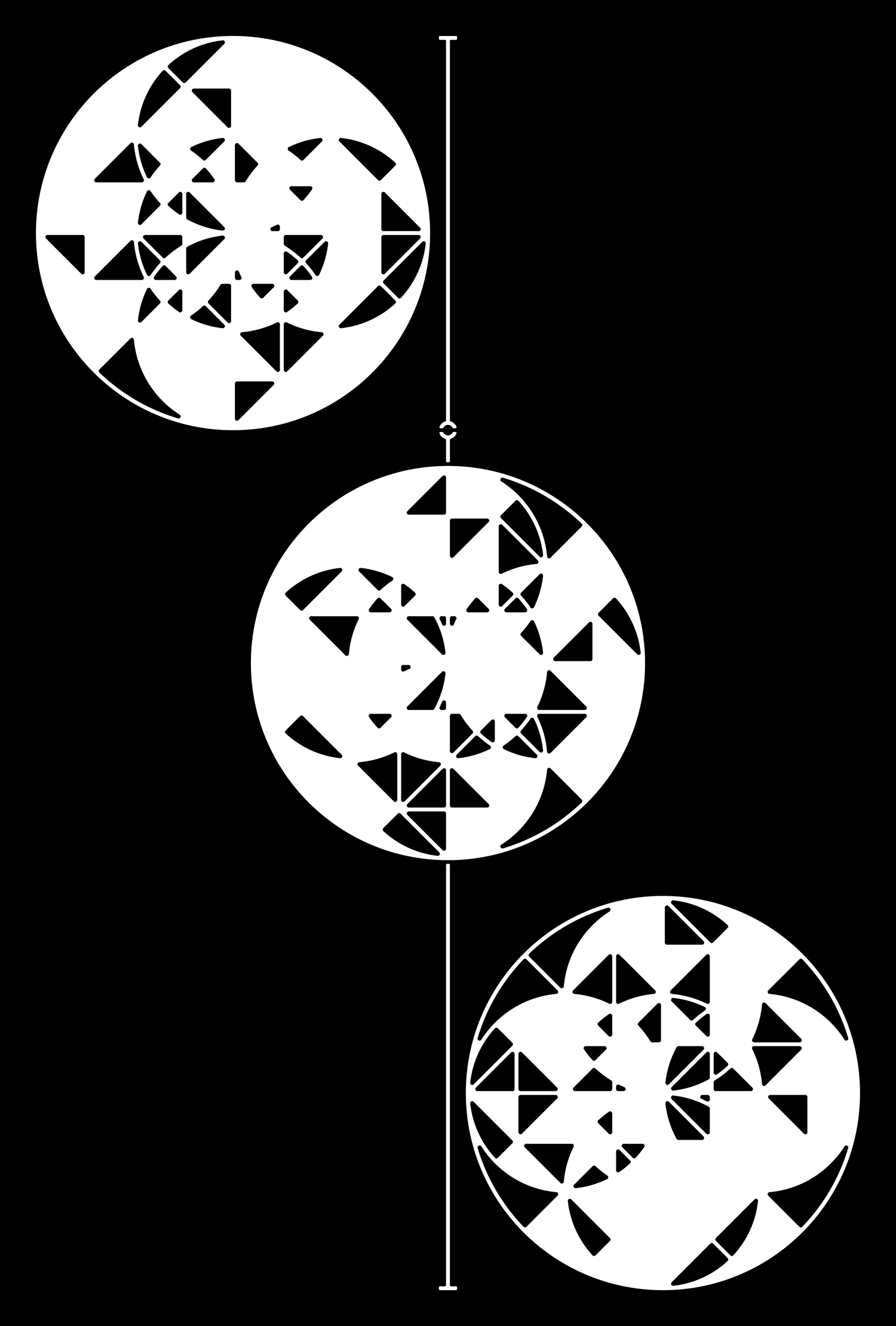 Three white circles with black triangular fragments arranged diagonally on black