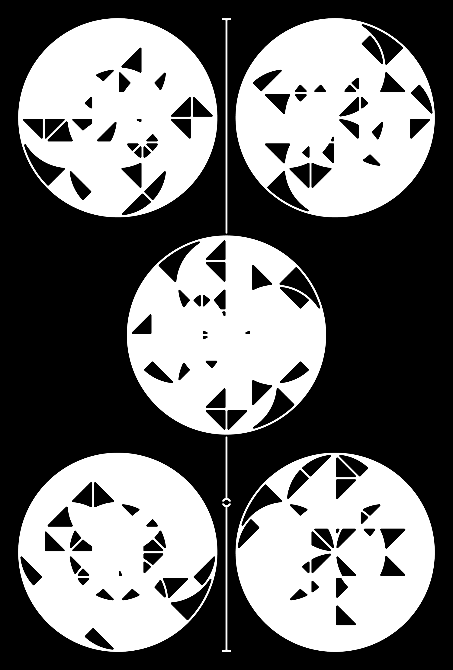 Five white circles filled with black triangular fragments around a vertical line