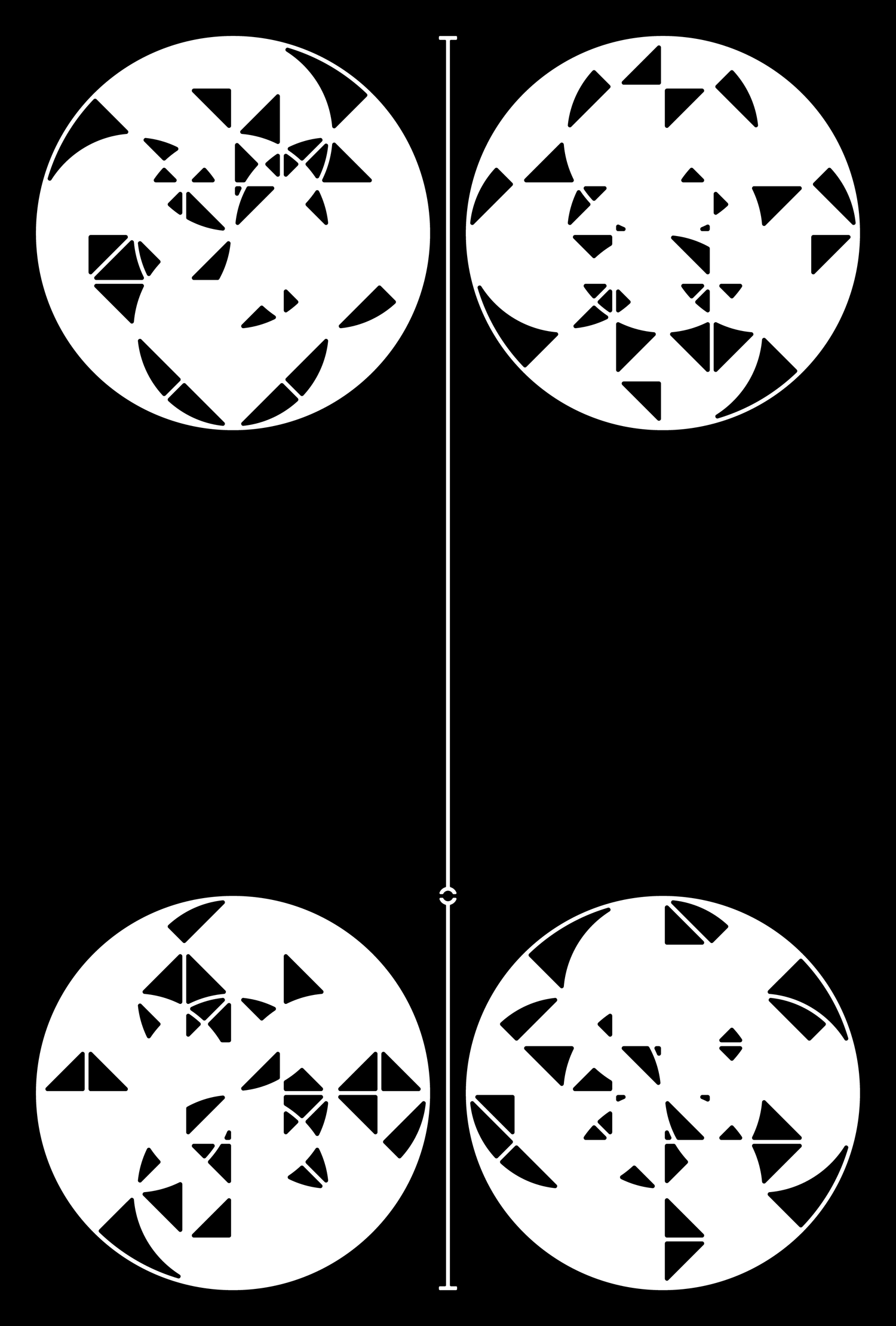 Four white circles filled with black triangular fragments in a tall black grid