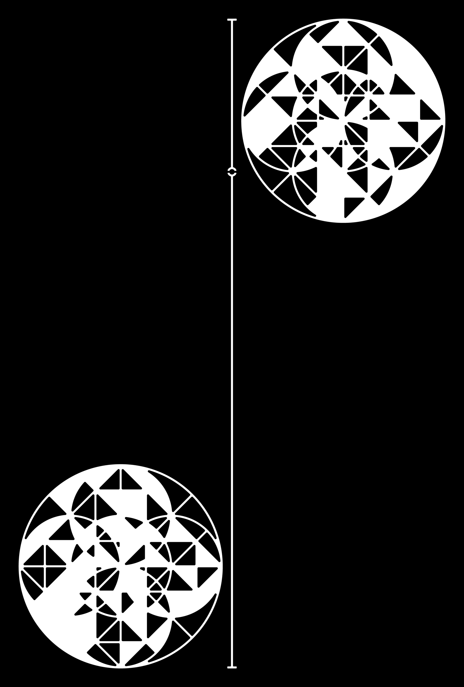 Two white triangular-fragment circles linked by a vertical white line on black