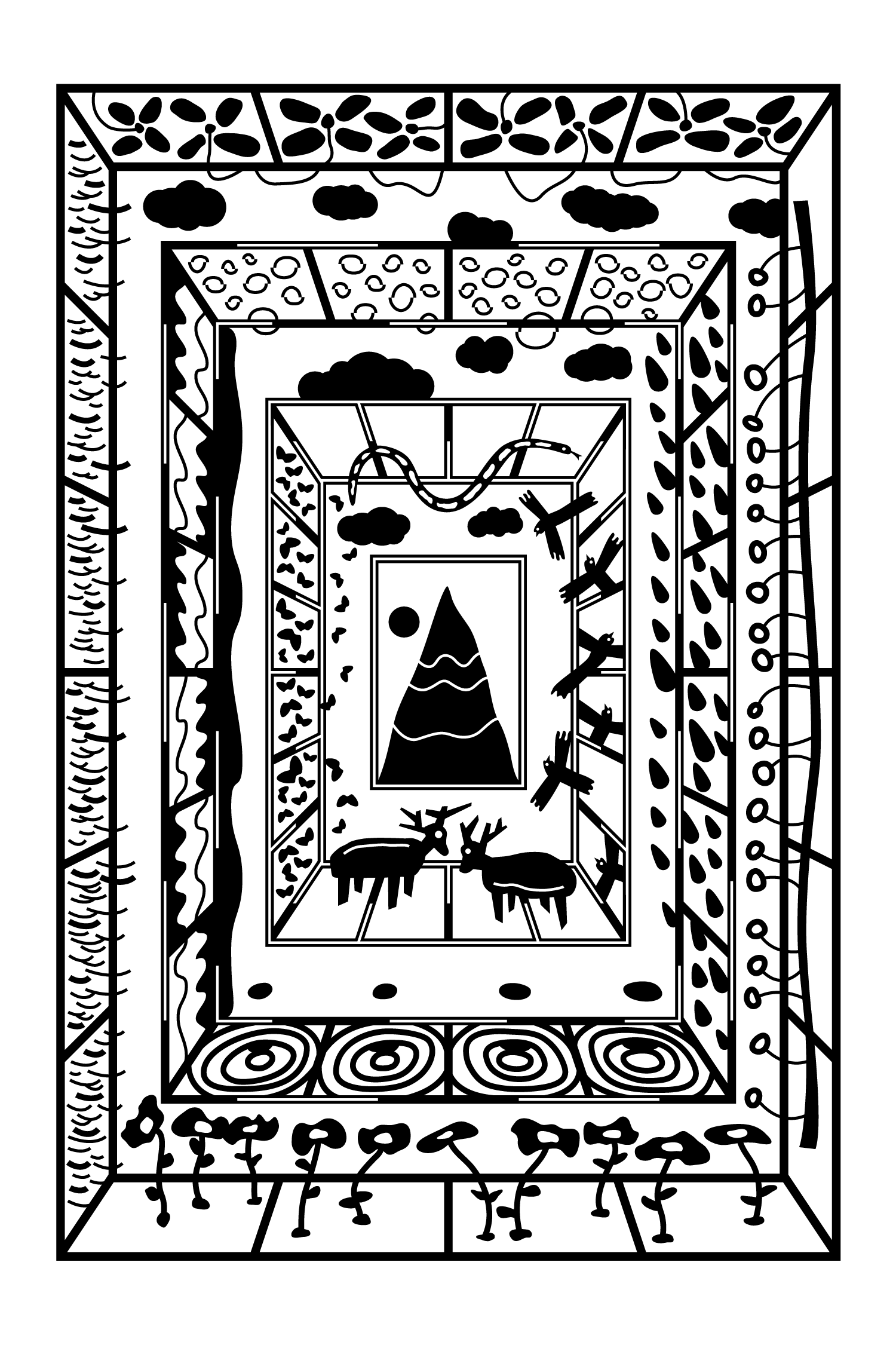 Black-and-white framed geometric illustration with a central triangle motif