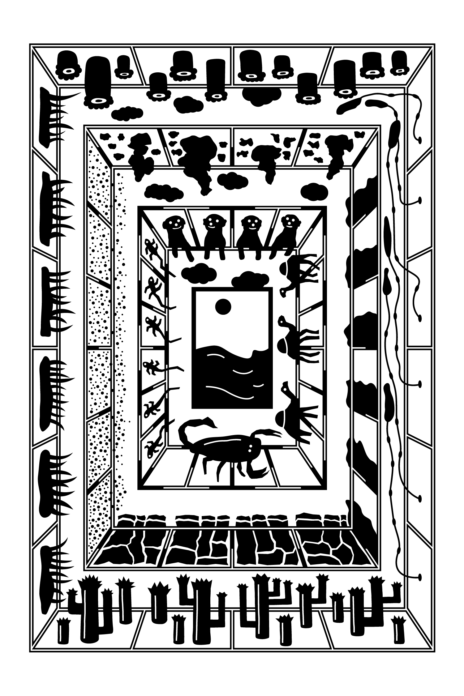 Black-and-white framed geometric illustration with a central square motif