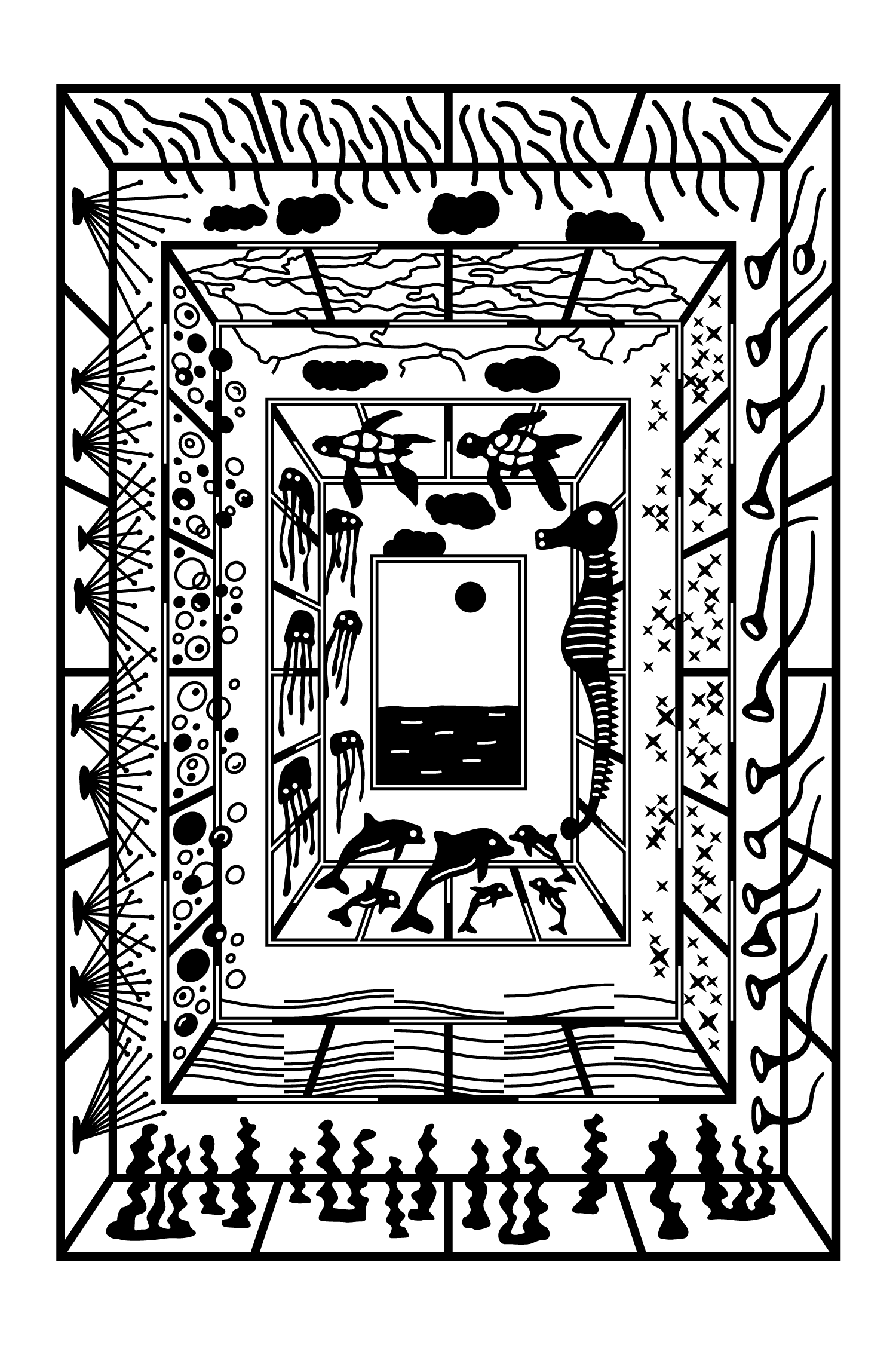 Black-and-white framed geometric illustration with layered patterned borders