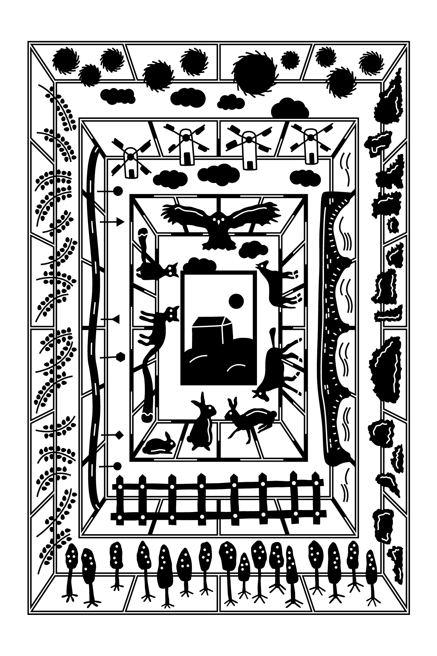 Black-and-white framed geometric illustration with dense patterned borders