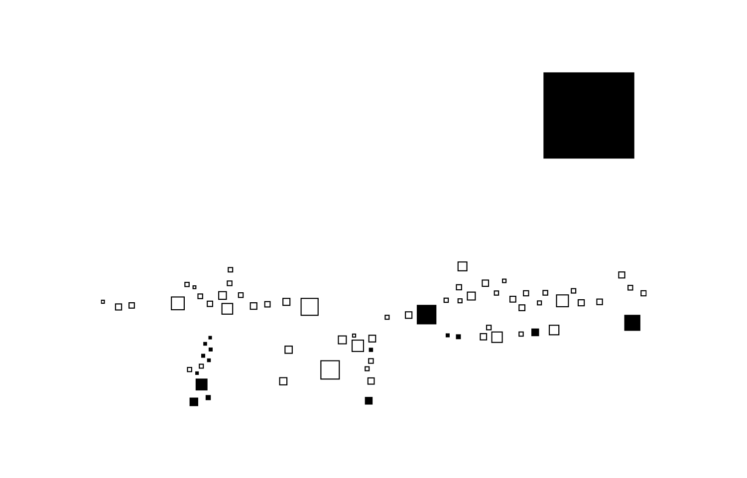 Sparse black and outlined squares with one large black square