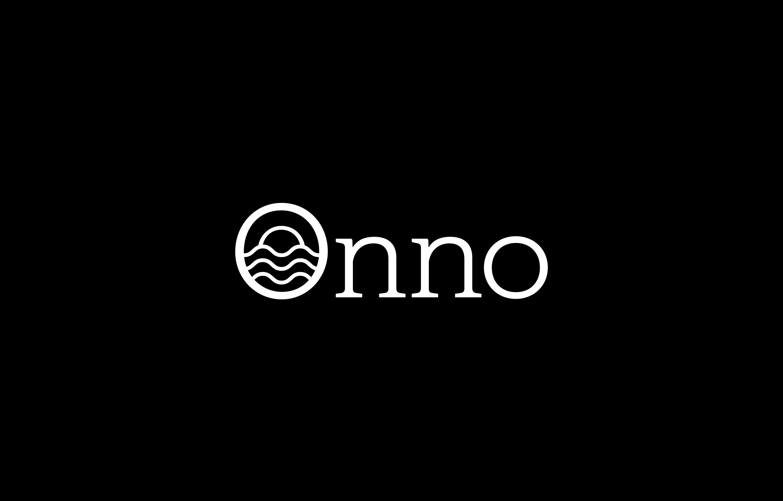 White Onno wordmark with wavy lines enclosed in the initial O on black