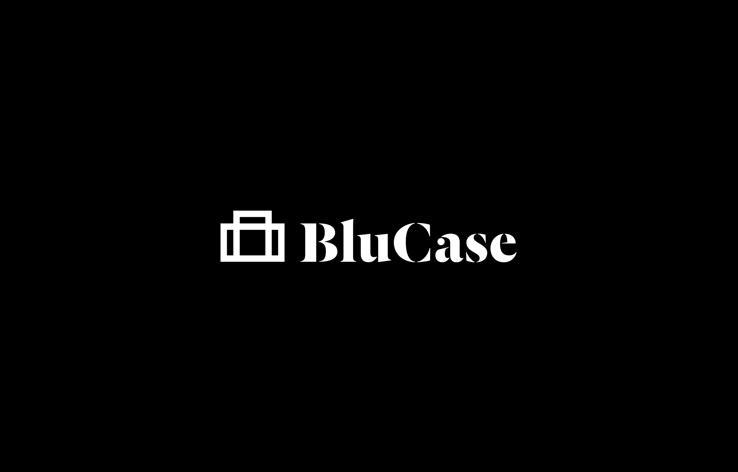 White BluCase wordmark with small outlined briefcase icon on black