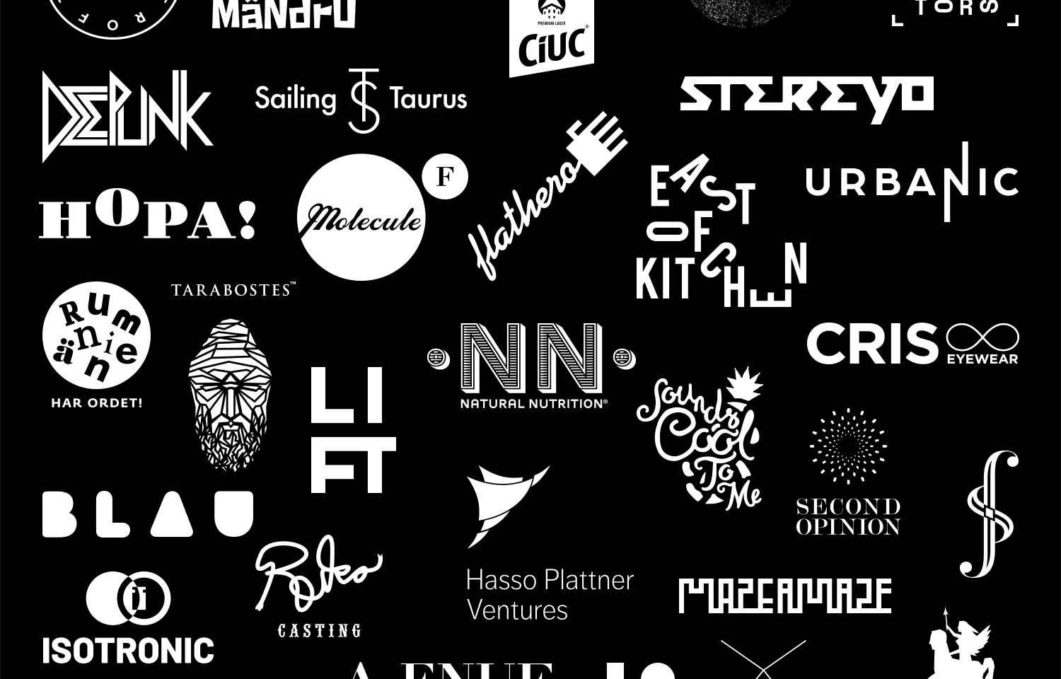 Grid of white product logos on a black background