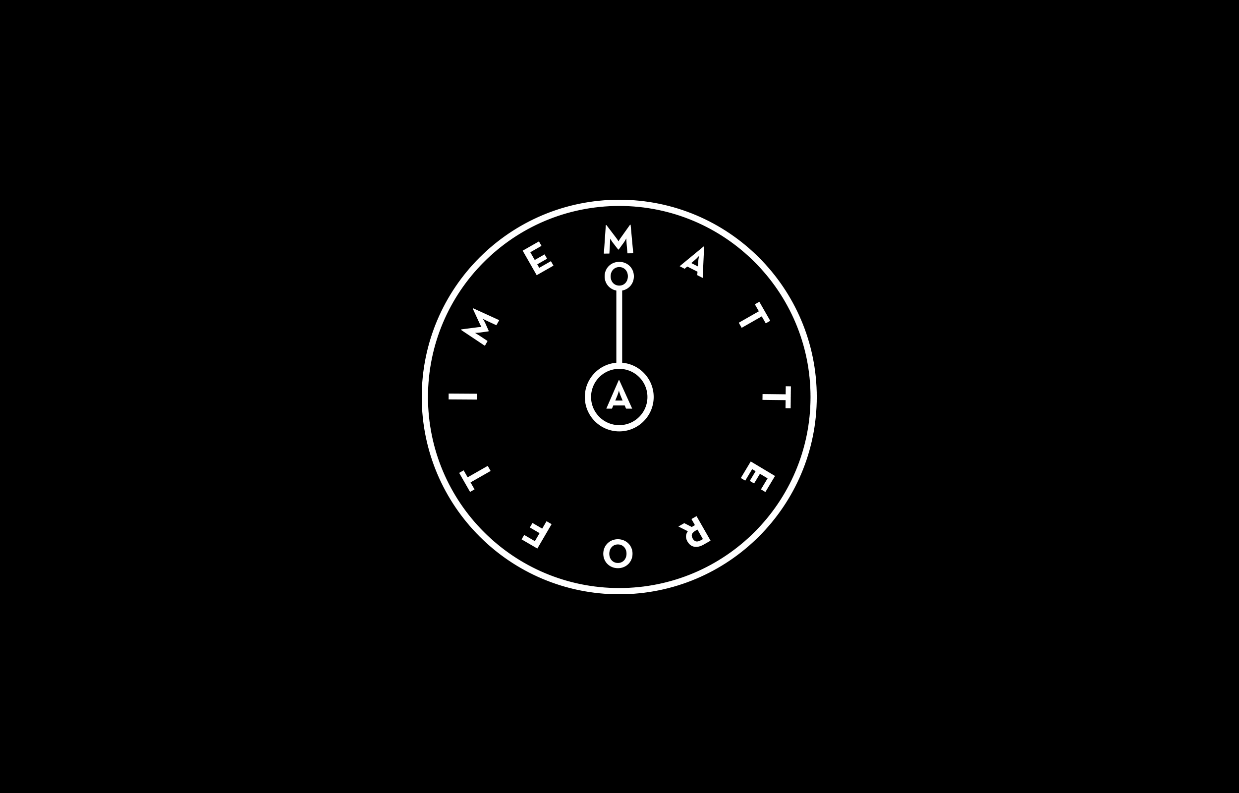 Circular white letter-and-line emblem with small surrounding characters on black