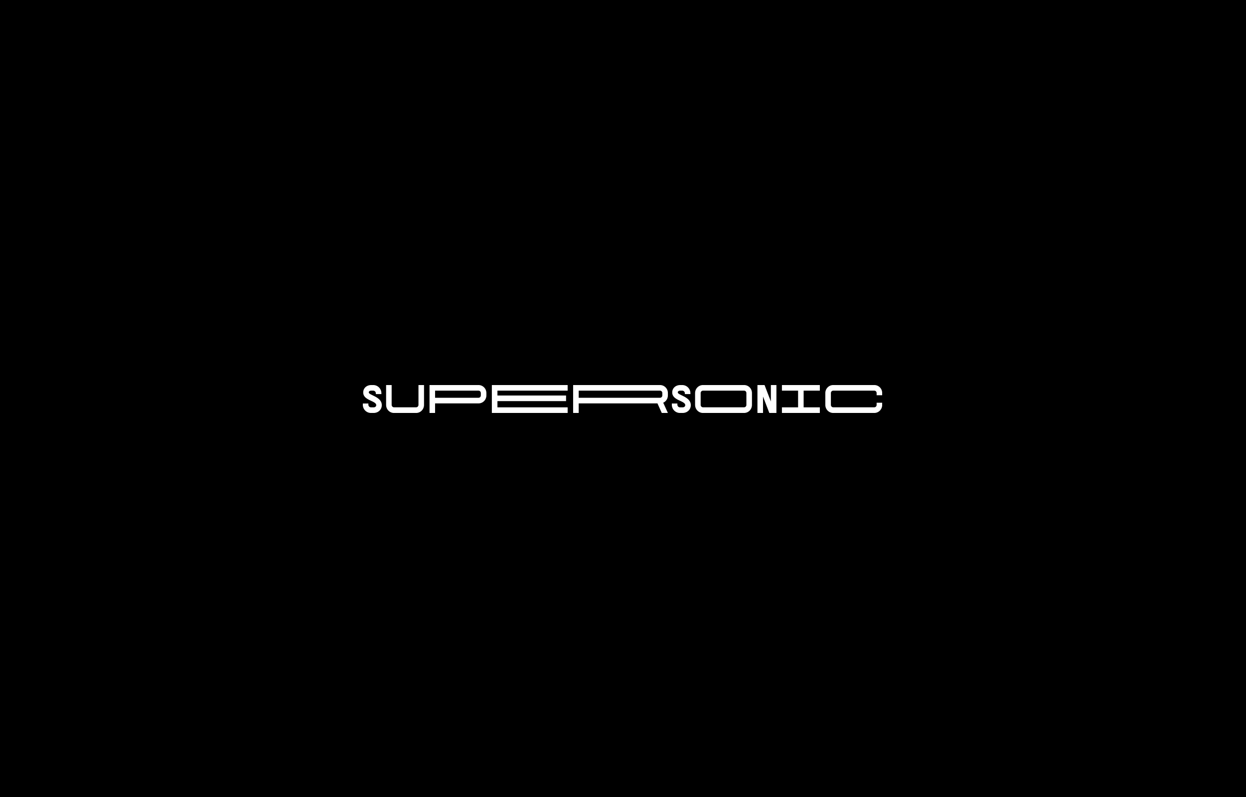 Thin white Supersonic wordmark with extended horizontal letterforms on black