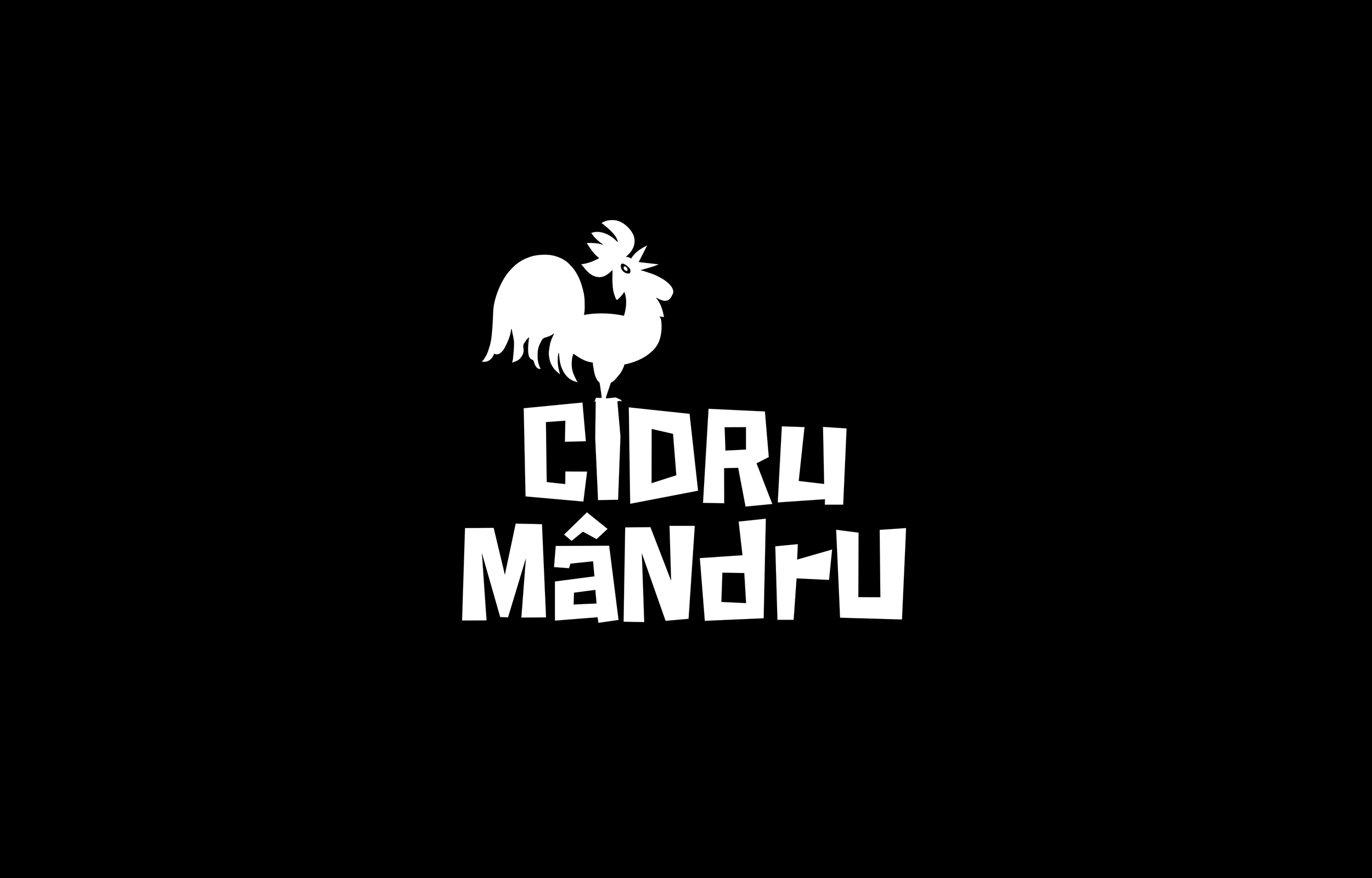 White Cioru Mândru wordmark topped by a small horse silhouette on black