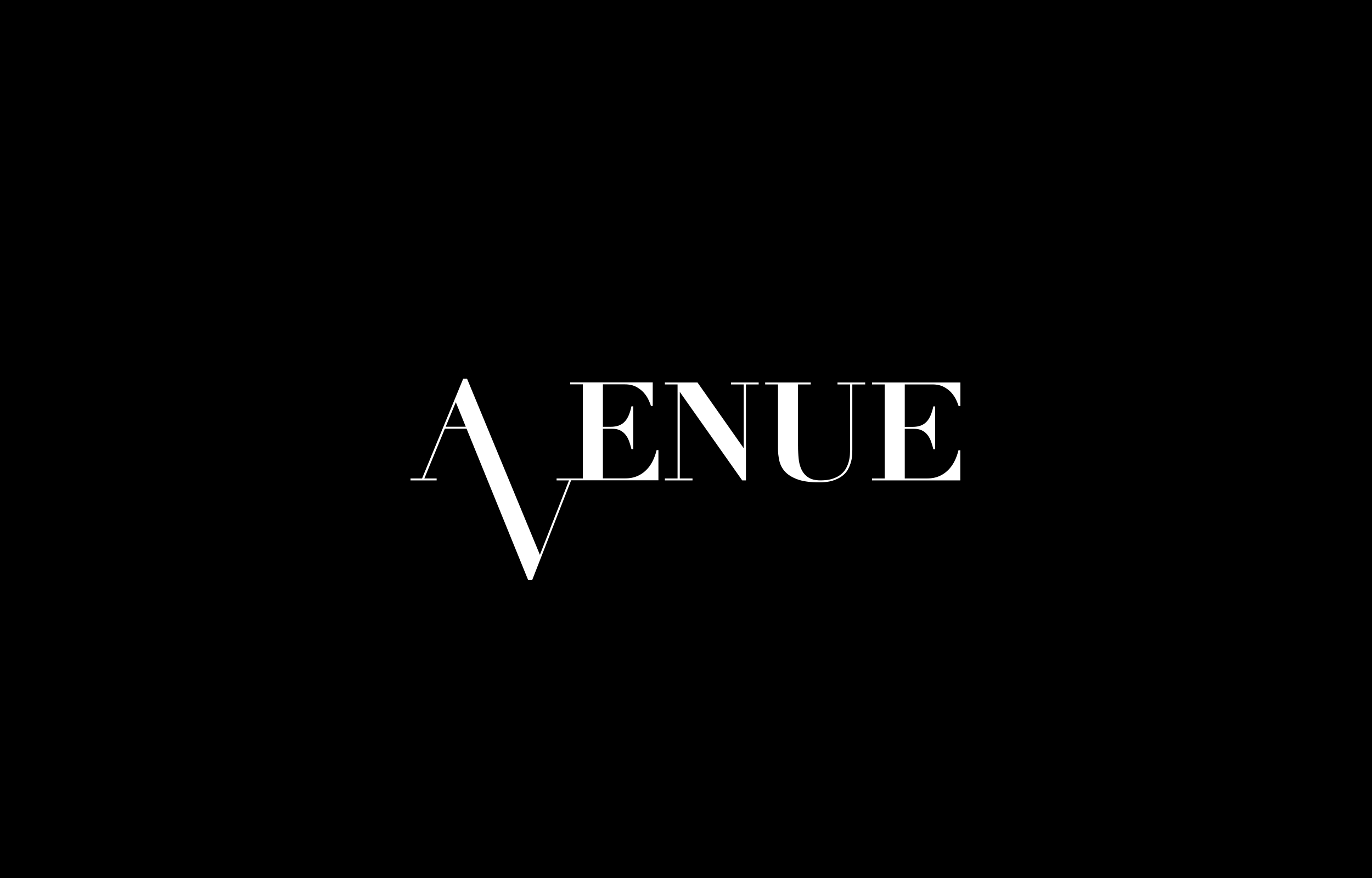 White Avenue wordmark with an oversized slanted initial A on black