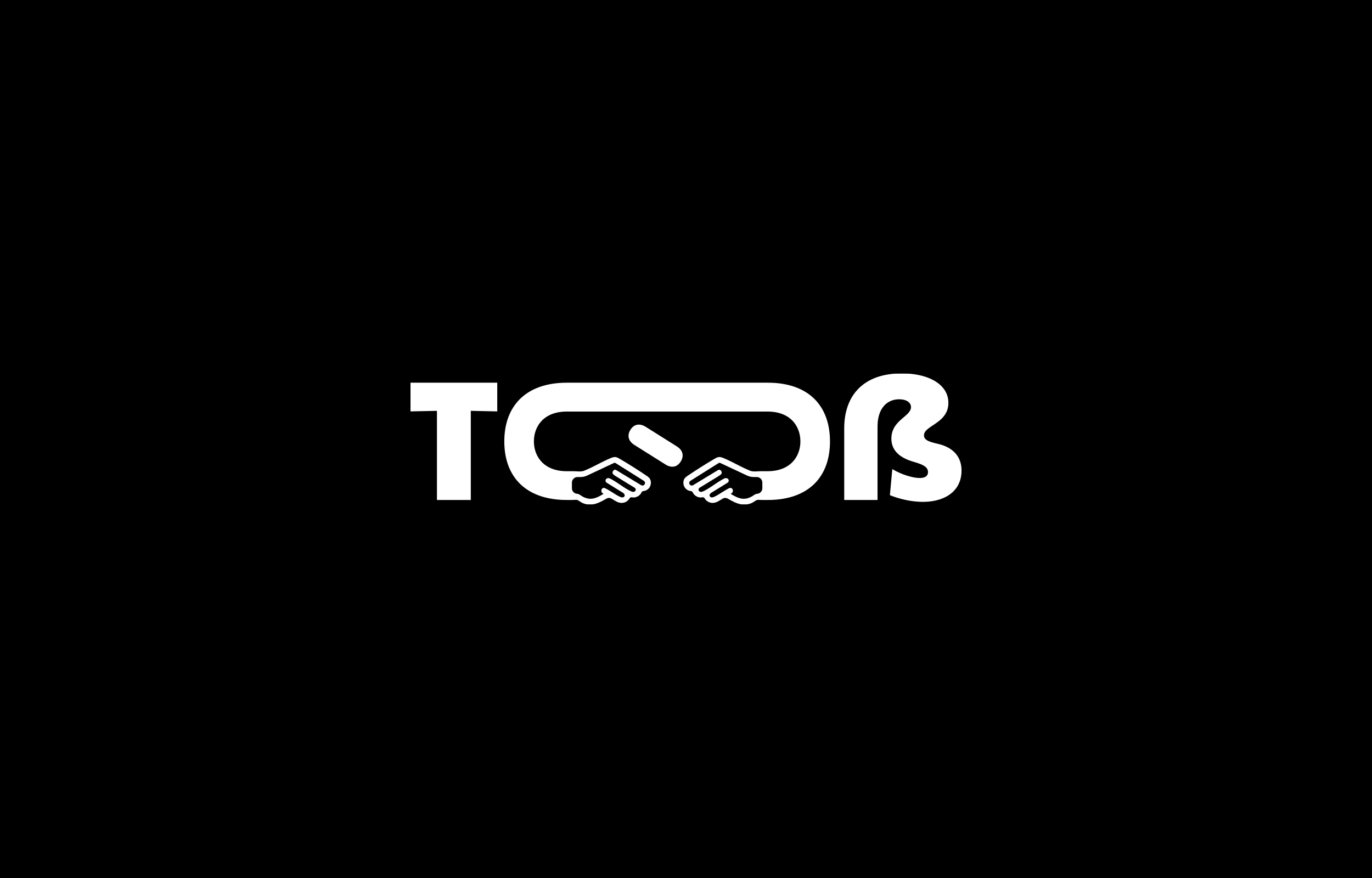 Bold white rounded wordmark with interlocking central letter shapes on black