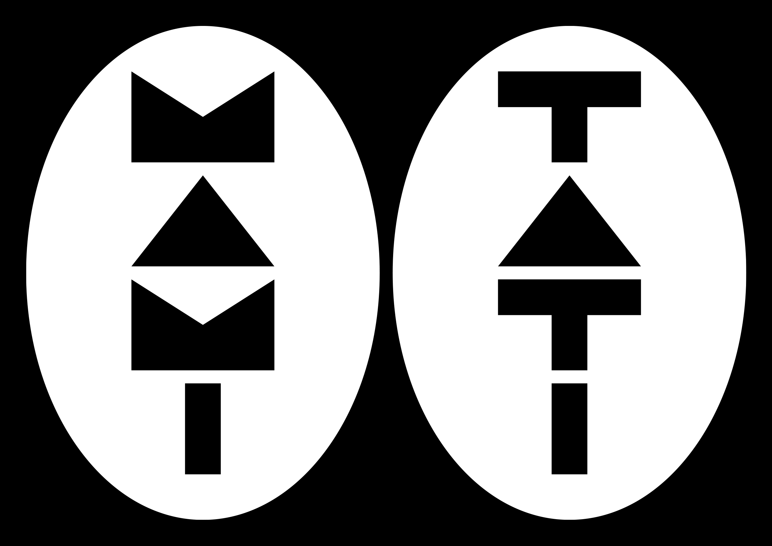 Two white oval forms with black geometric symbols on a black background