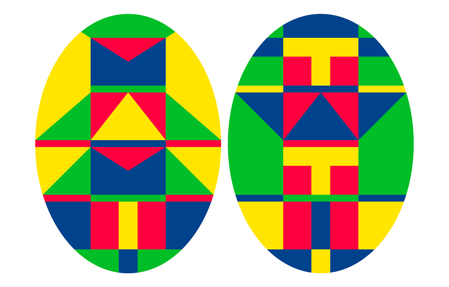 Two colourful geometric oval prints on white