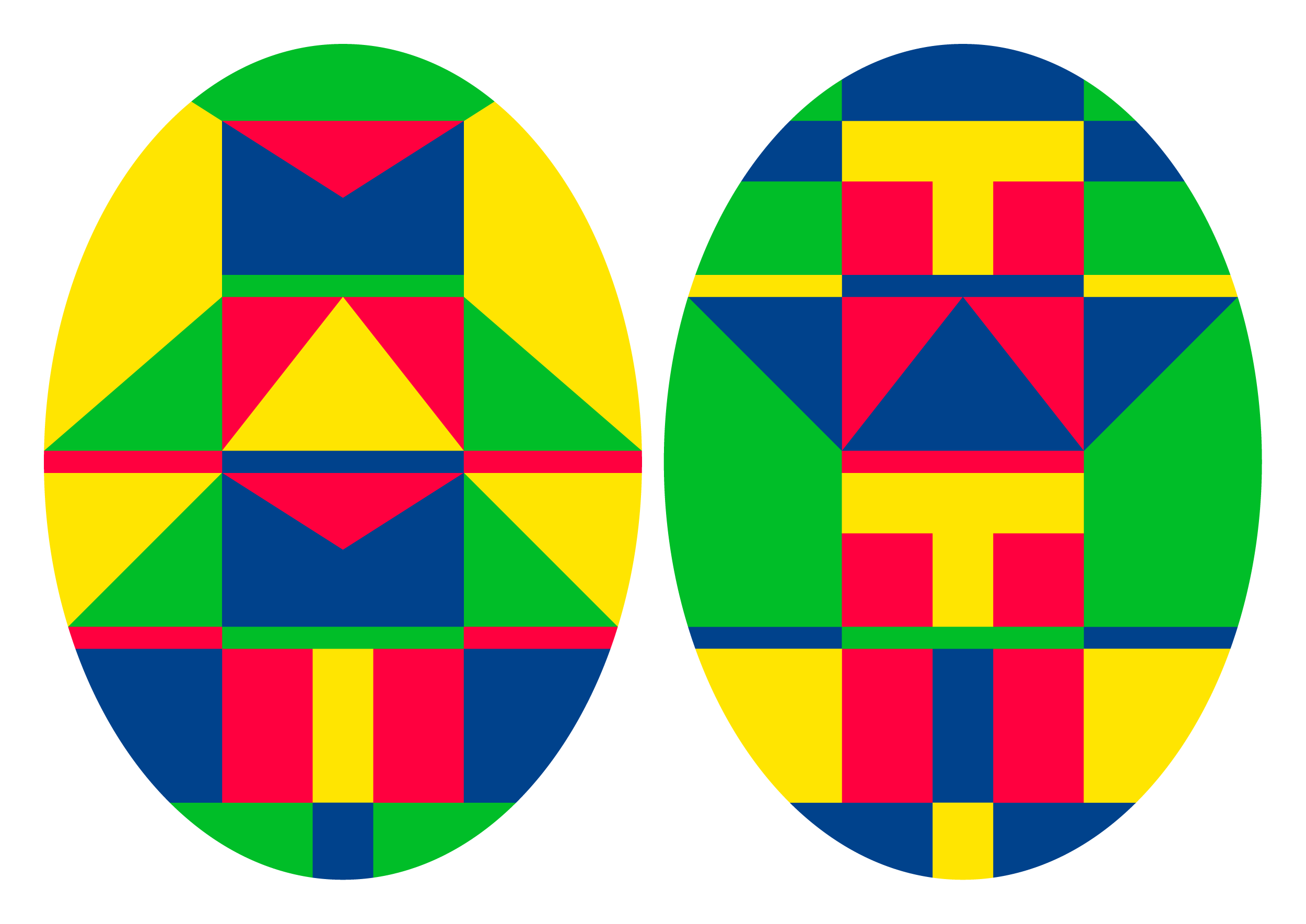 Two oval geometric compositions in yellow, green, blue and red on a white background