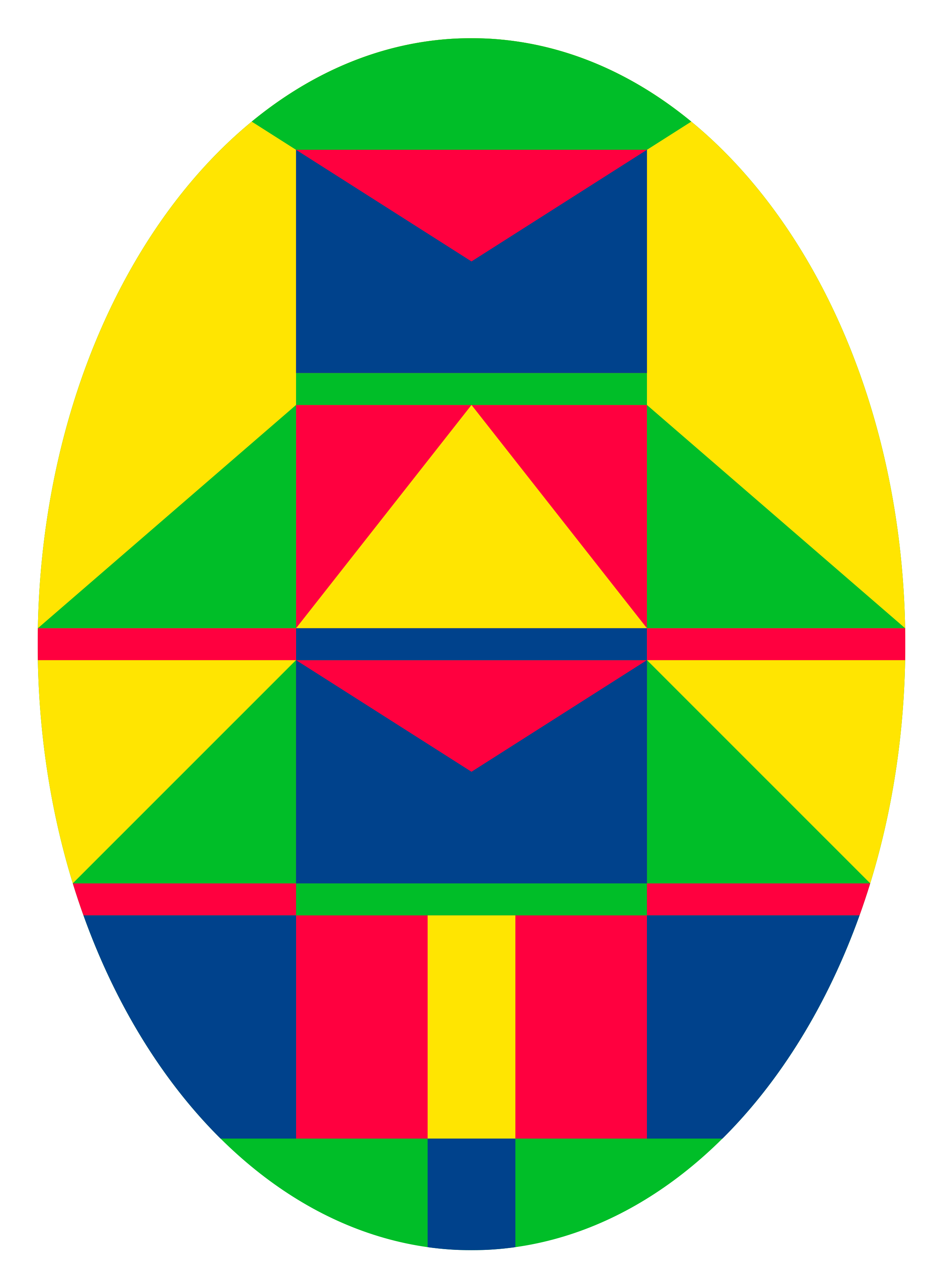 Oval geometric composition in yellow, green, blue and red with a vertical central motif