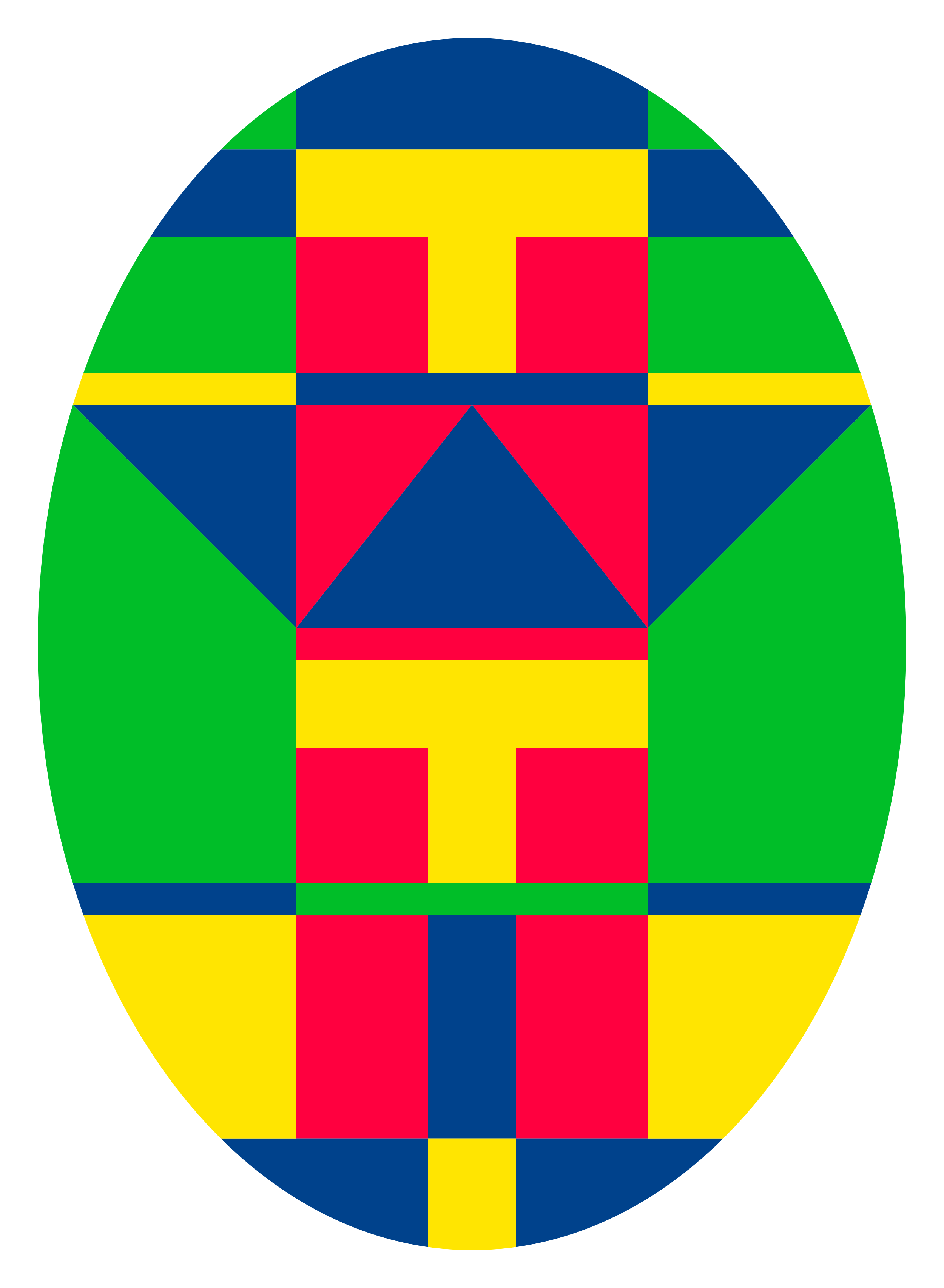 Oval geometric composition with a blue and red central star-like shape, framed by yellow and green blocks
