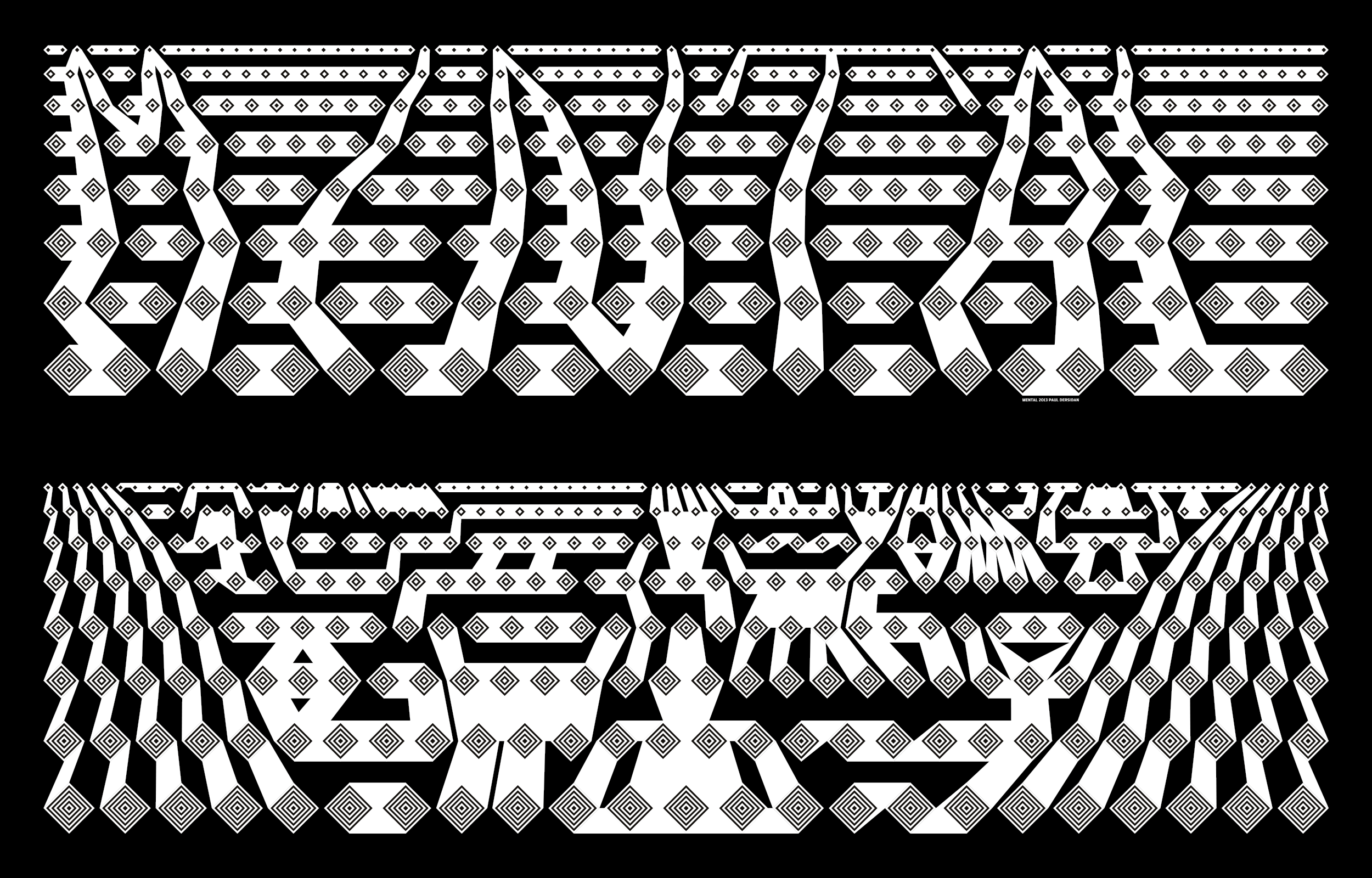 Two black-and-white geometric typographic panels on black