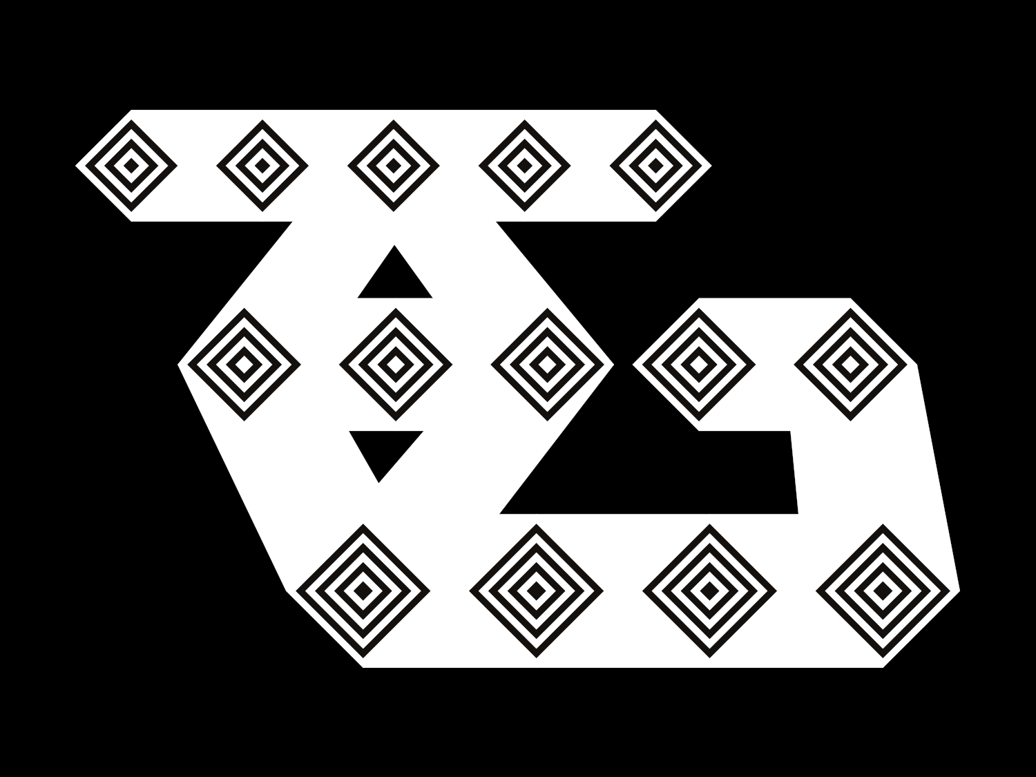 White geometric animal head with black diamond motifs on black