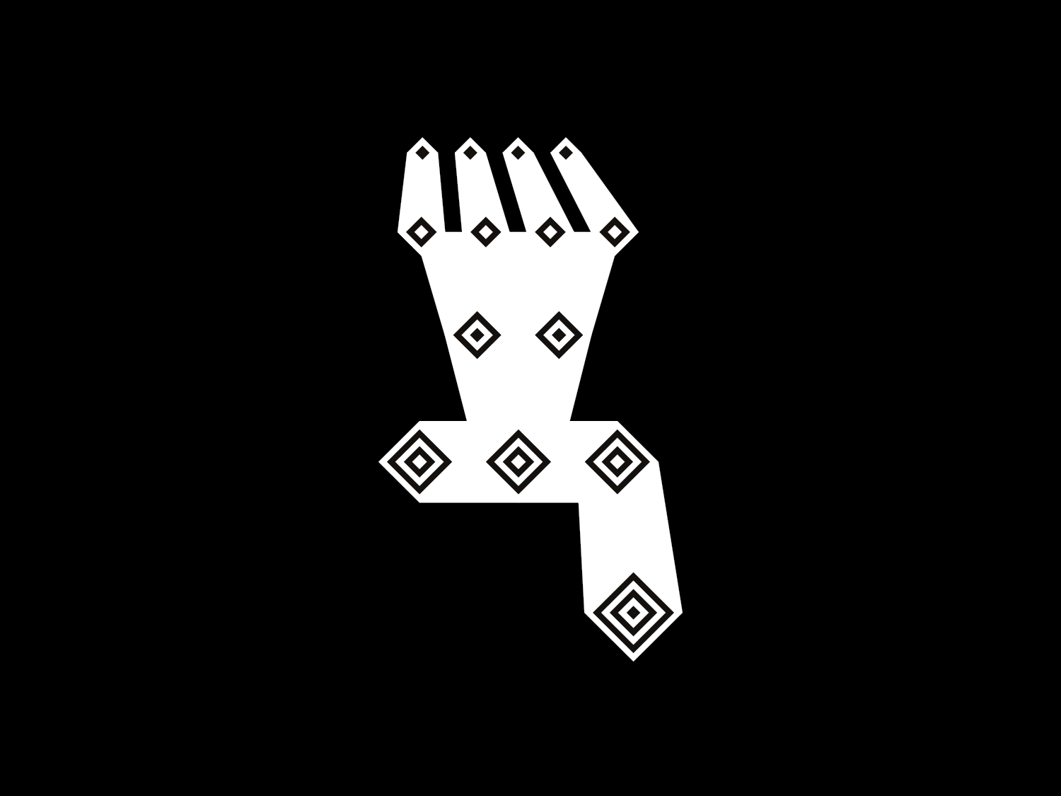 White angular hand-like geometric form with black diamond motifs