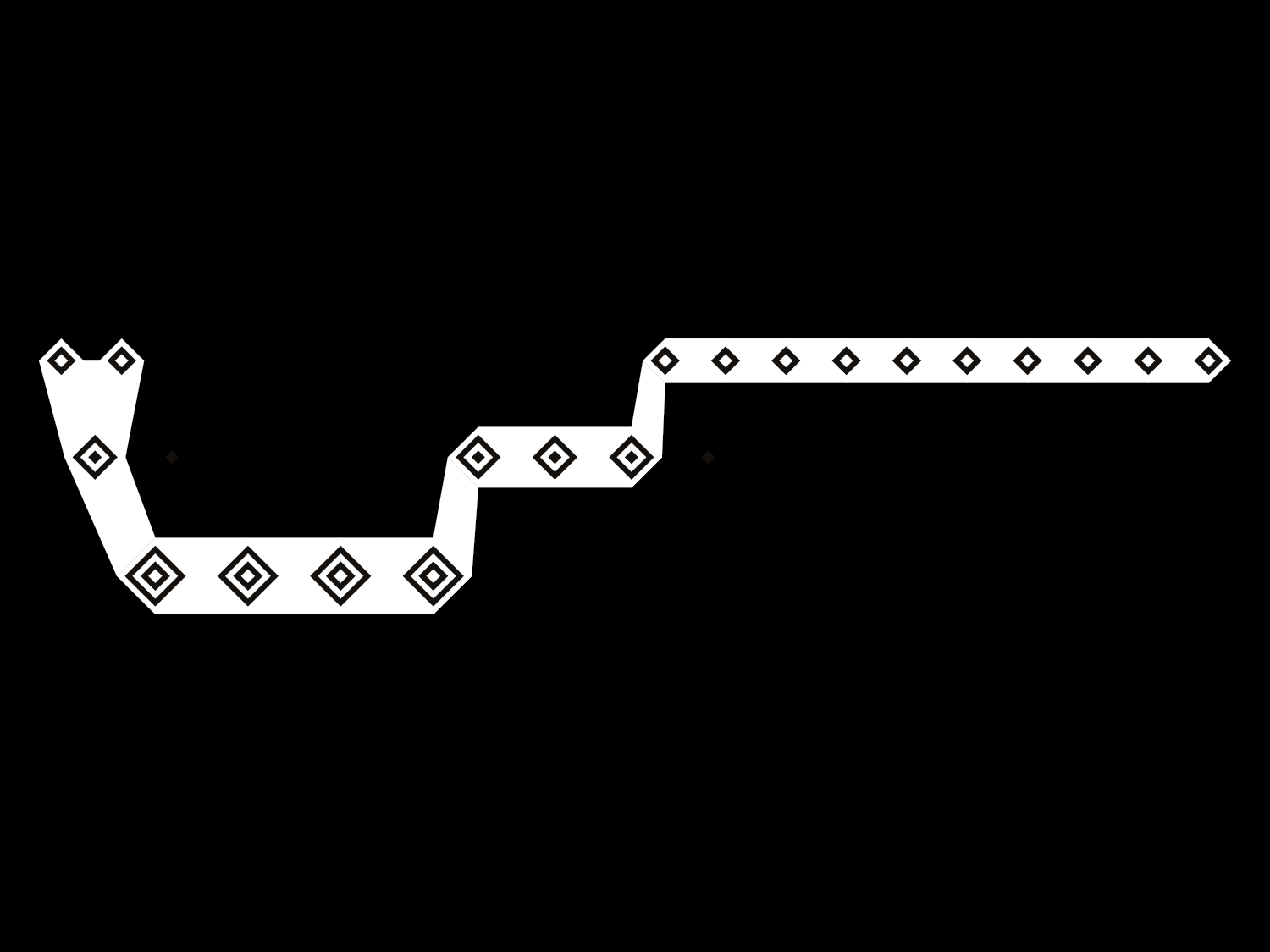 Long white geometric serpent-like shape with black diamond motifs