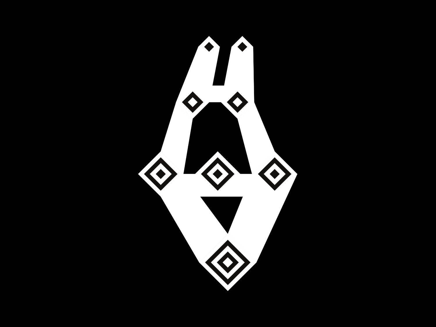 White pointed geometric mask shape with black diamond motifs