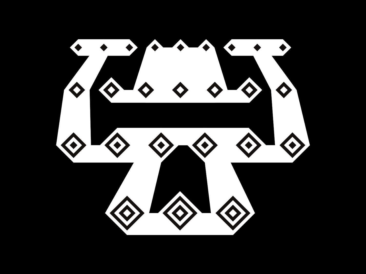 White geometric animal-like form with black diamond motifs