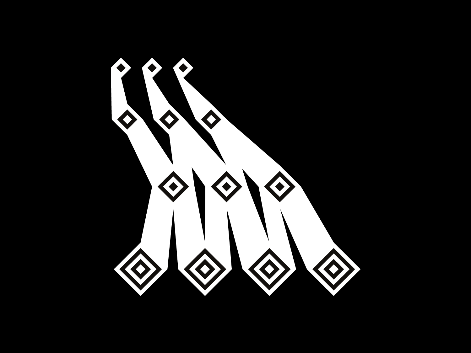Four white pointed geometric shapes linked by black diamond motifs